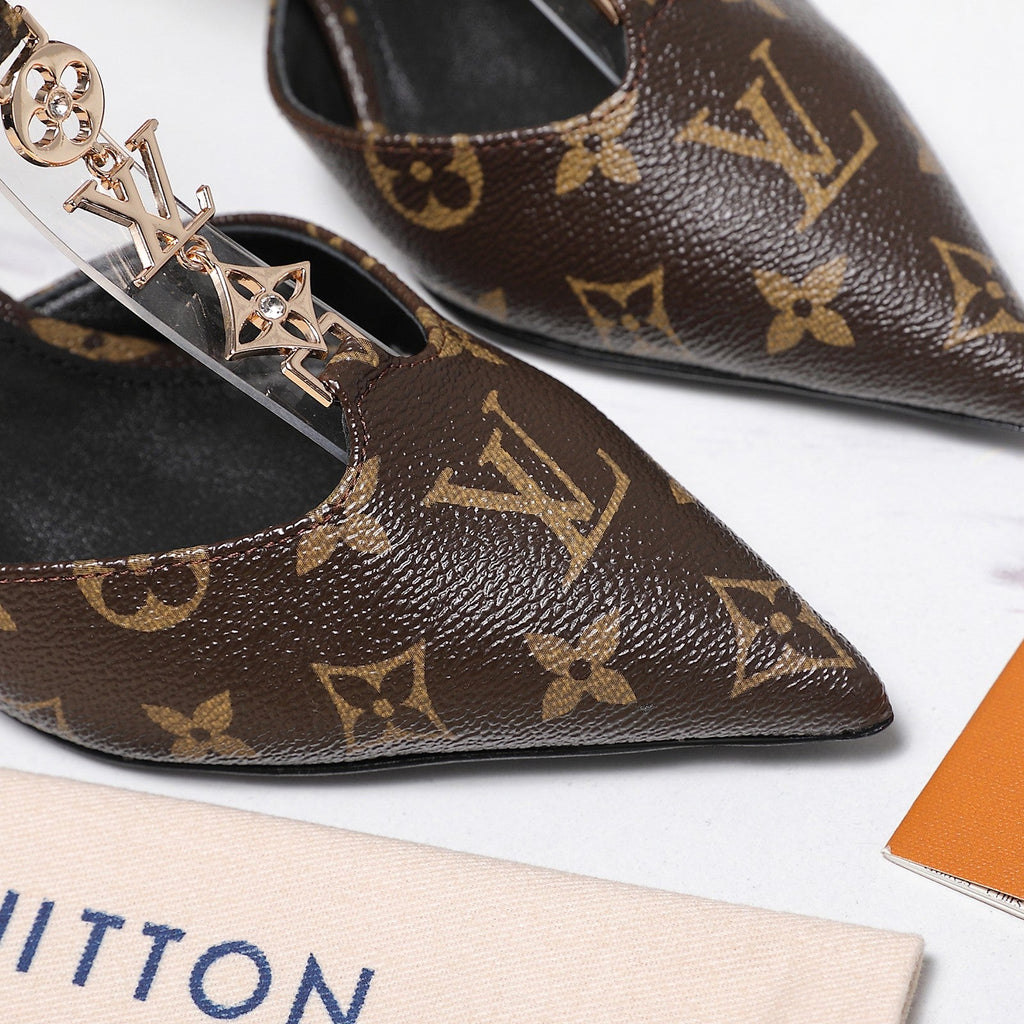 LV 26S ELEGANT T-STRAP HEELS 65MM IN DARK BROWN MONOGRAM CALFSKIN GOLD HARDWARE