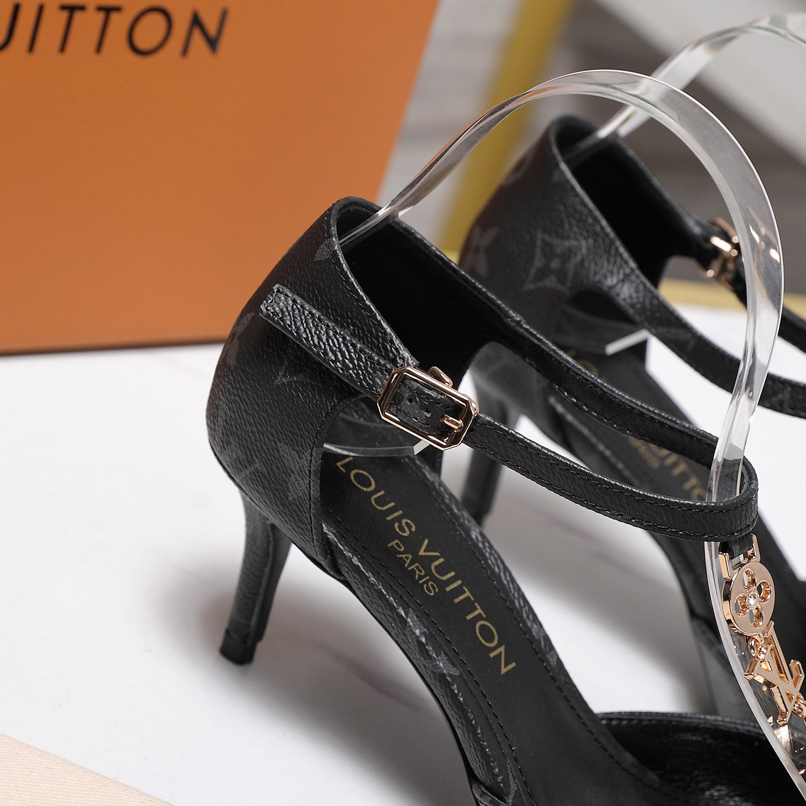 LV 26S ELEGANT T-STRAP HEELS 65MM IN BLACK MONOGRAM CALFSKIN GOLD HARDWARE