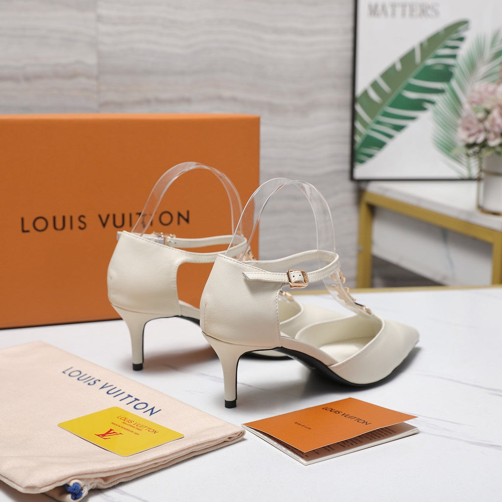 LV 26S ELEGANT T-STRAP HEELS 65MM IN CREAM WHITE CALFSKIN GOLD HARDWARE