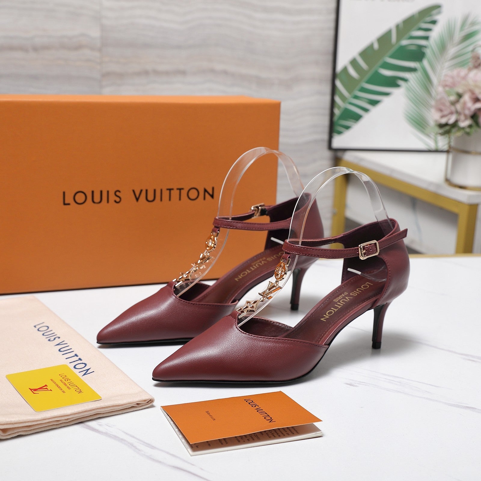 LV 26S ELEGANT T-STRAP HEELS 65MM IN BURGUNDY RED CALFSKIN GOLD HARDWARE