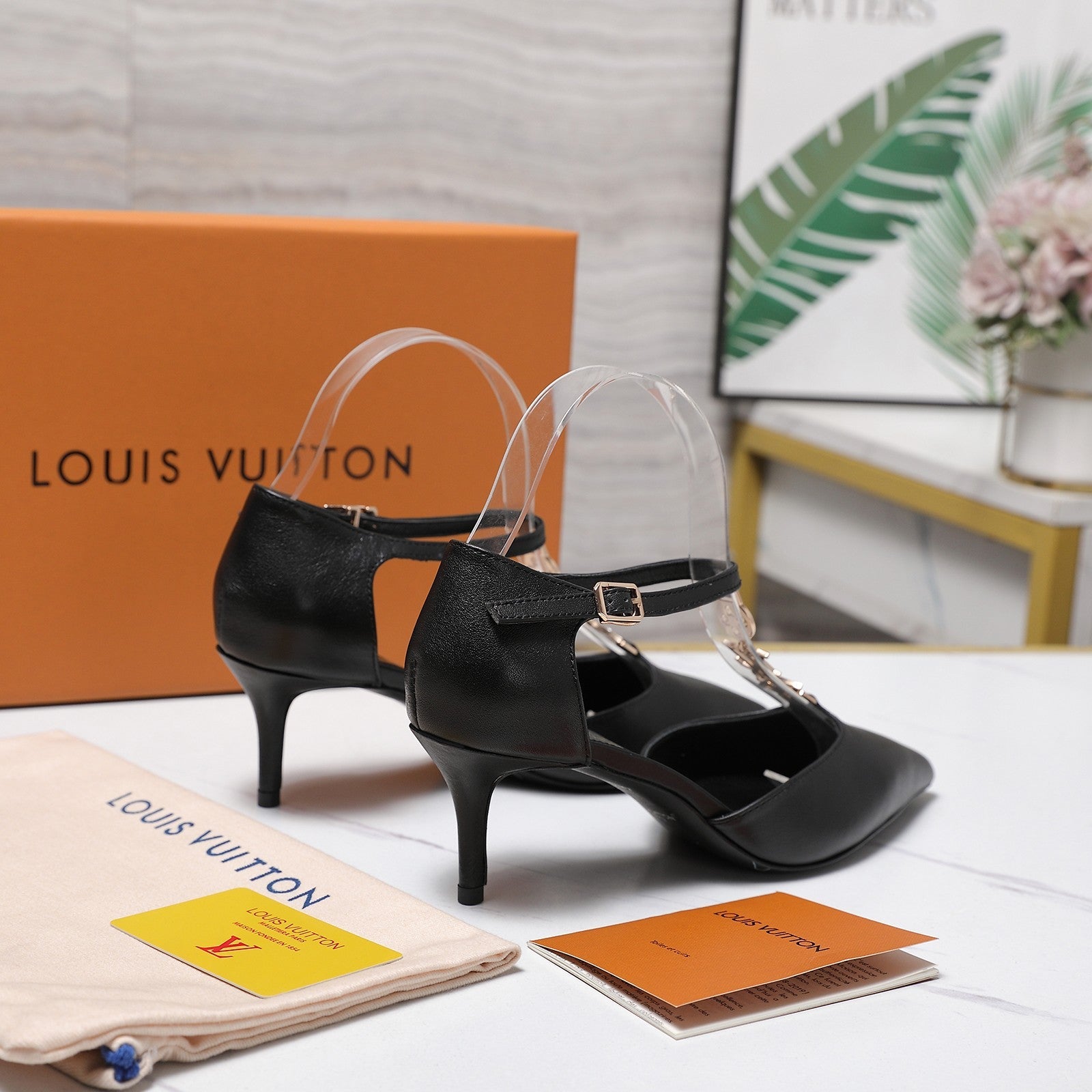 LV 26S ELEGANT T-STRAP HEELS 65MM IN BLACK CALFSKIN GOLD HARDWARE