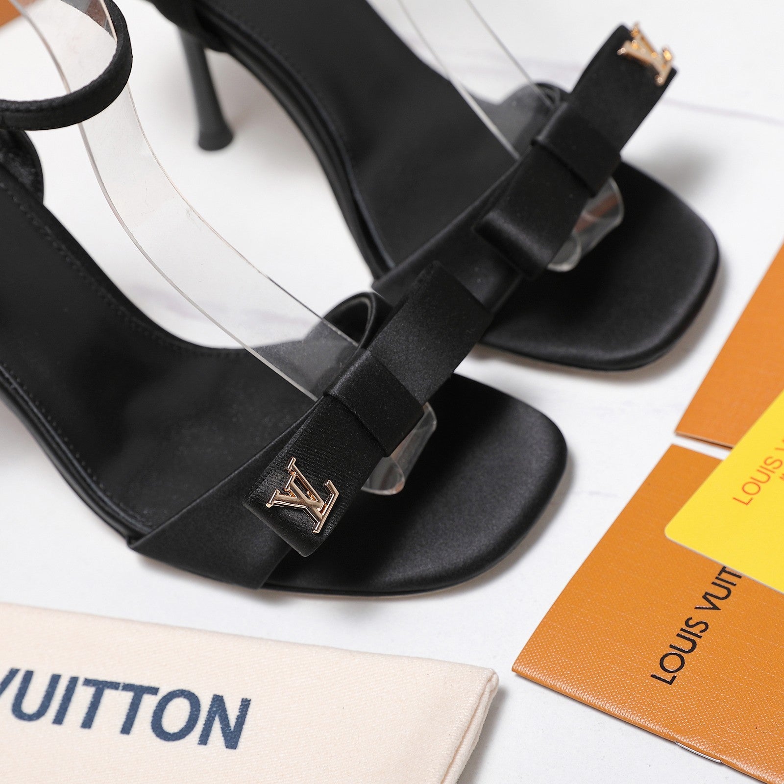 LV 26S 6AM SANDALS 90MM IN BLACK SATIN WITH BOW