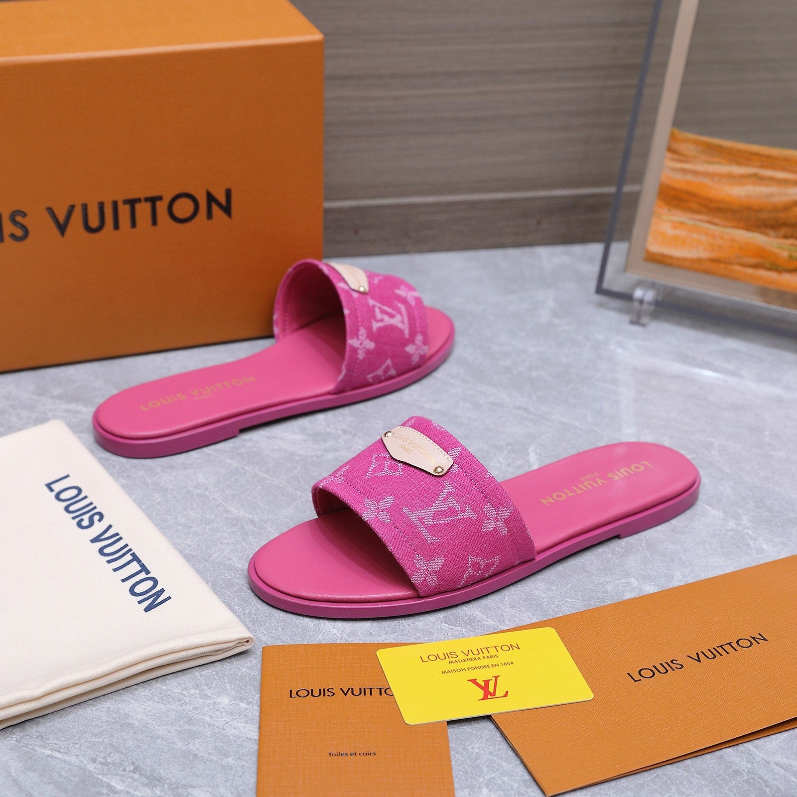 LV 26S FLAT SLIDE SANDALS IN HOT PINK MONOGRAM CANVAS AND CALFSKIN