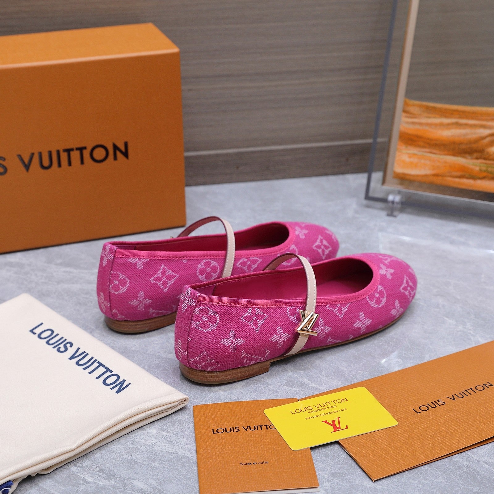 LV 26S MARY JANE FLATS IN HOT PINK MONOGRAM DENIM WITH CALFSKIN STRAP