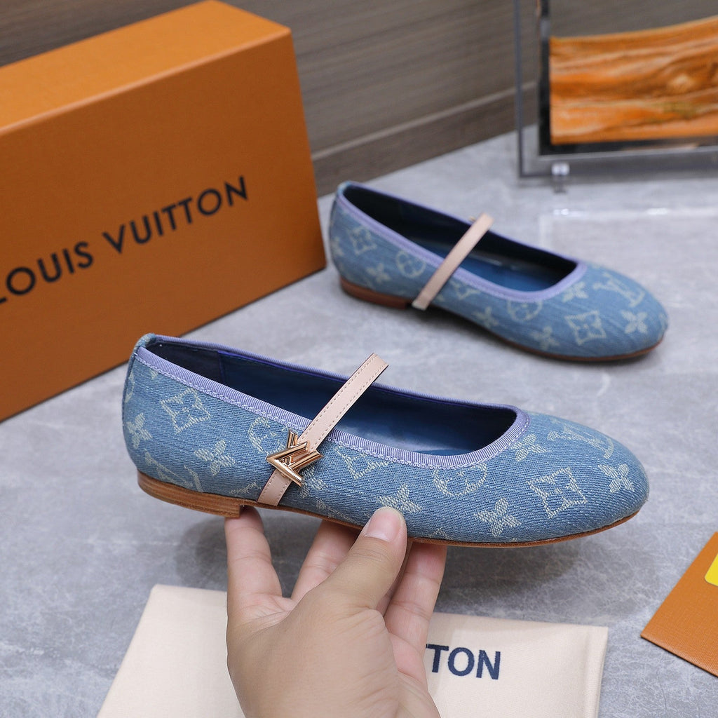 LV 26S MARY JANE FLATS IN SKY BLUE MONOGRAM DENIM WITH CALFSKIN STRAP