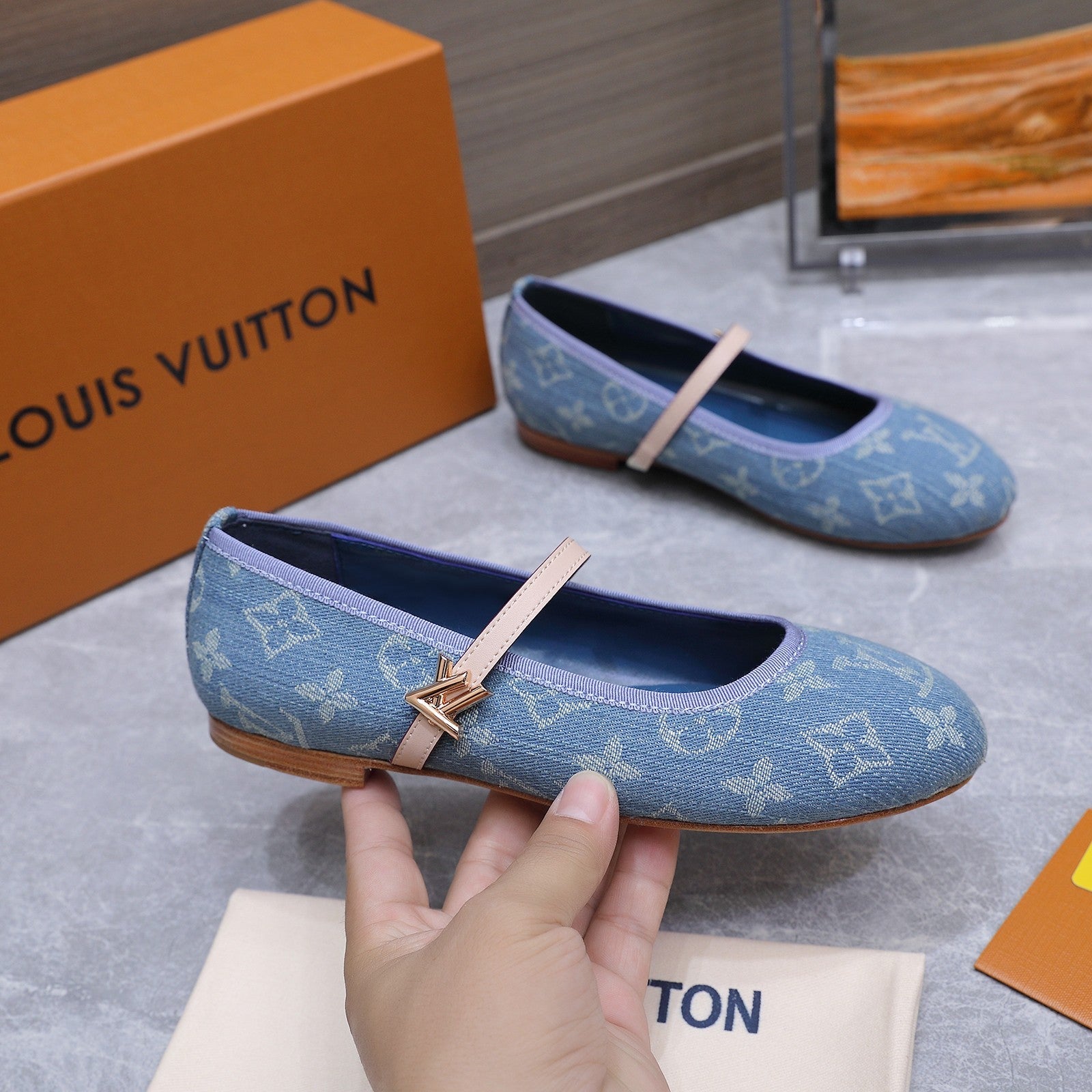 LV 26S MARY JANE FLATS IN SKY BLUE MONOGRAM DENIM WITH CALFSKIN STRAP