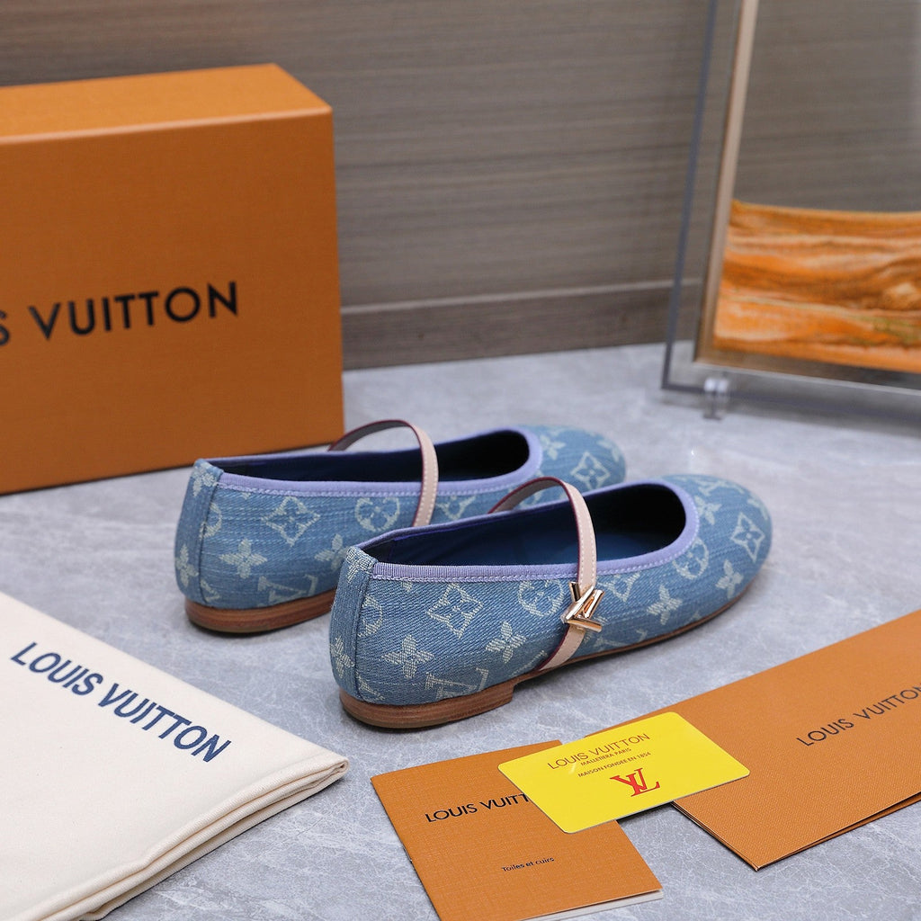 LV 26S MARY JANE FLATS IN SKY BLUE MONOGRAM DENIM WITH CALFSKIN STRAP