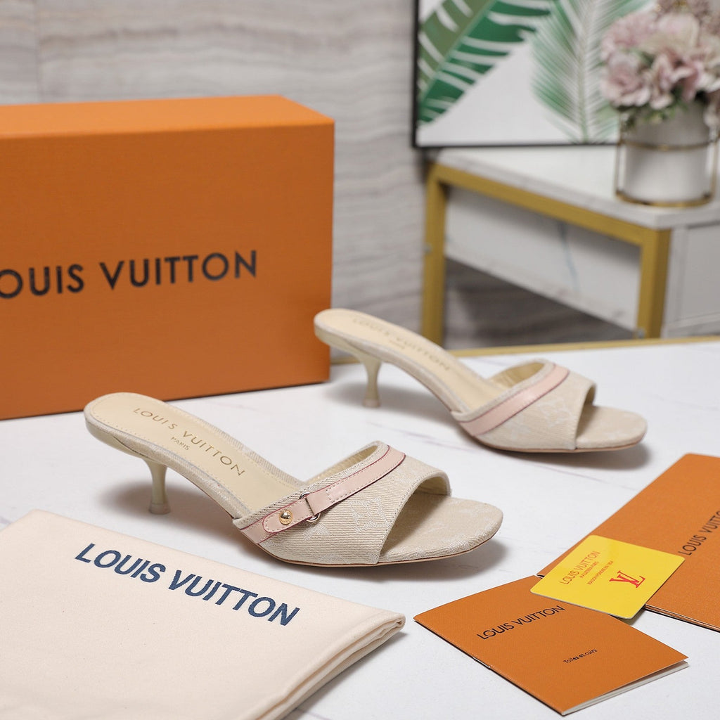 LV 26S HIGH HEELED MULES 55MM IN BEIGE EMBROIDERED MONOGRAM CANVAS