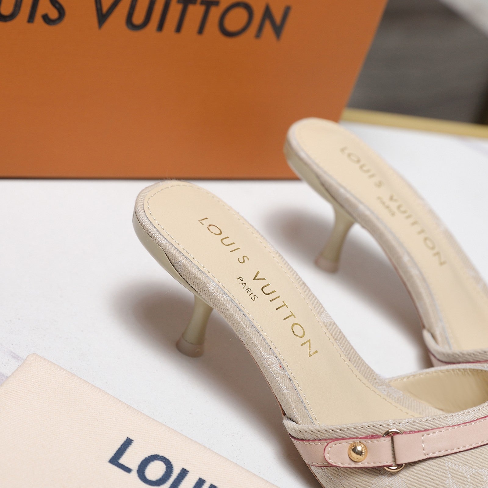 LV 26S HIGH HEELED MULES 55MM IN BEIGE EMBROIDERED MONOGRAM CANVAS