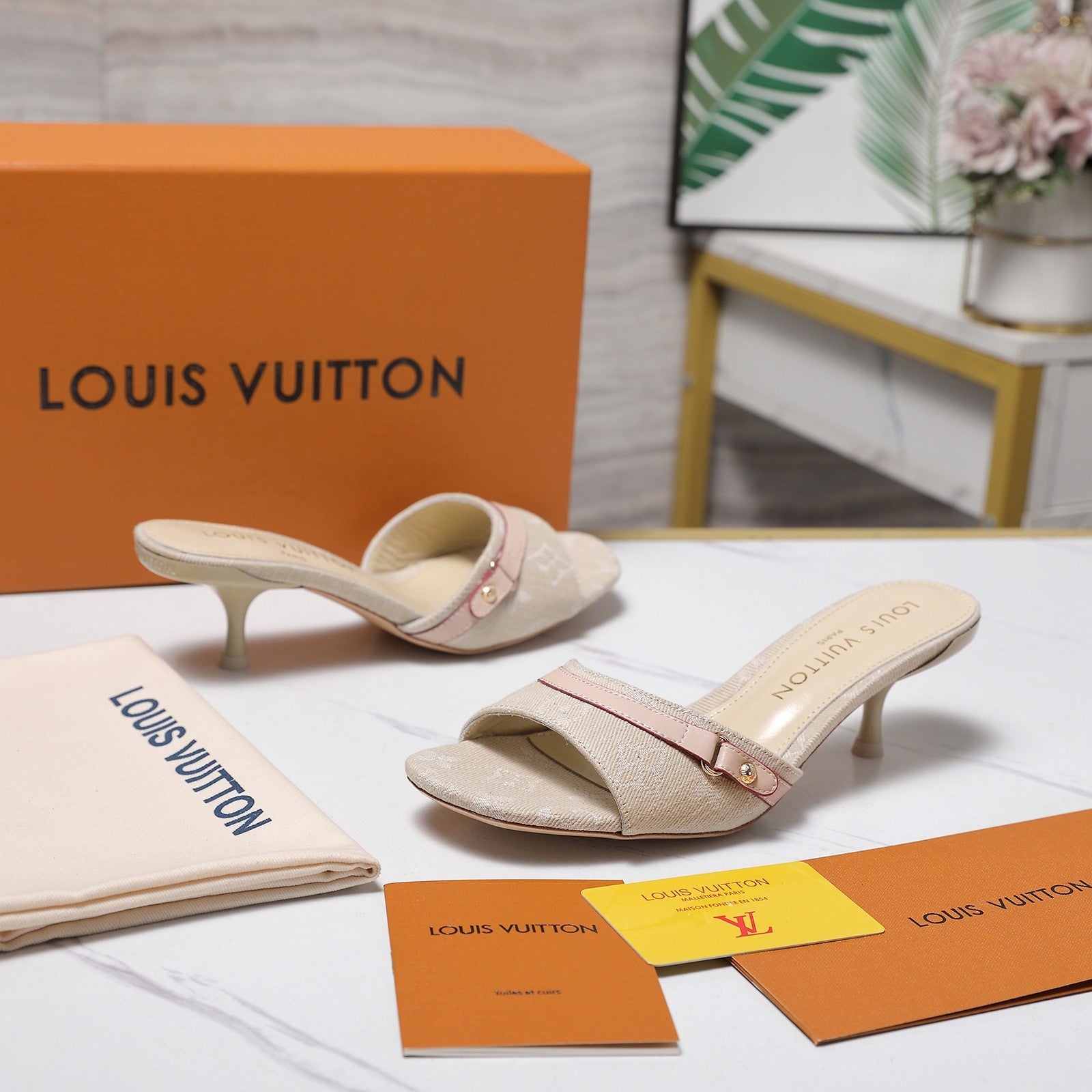 LV 26S HIGH HEELED MULES 55MM IN BEIGE EMBROIDERED MONOGRAM CANVAS