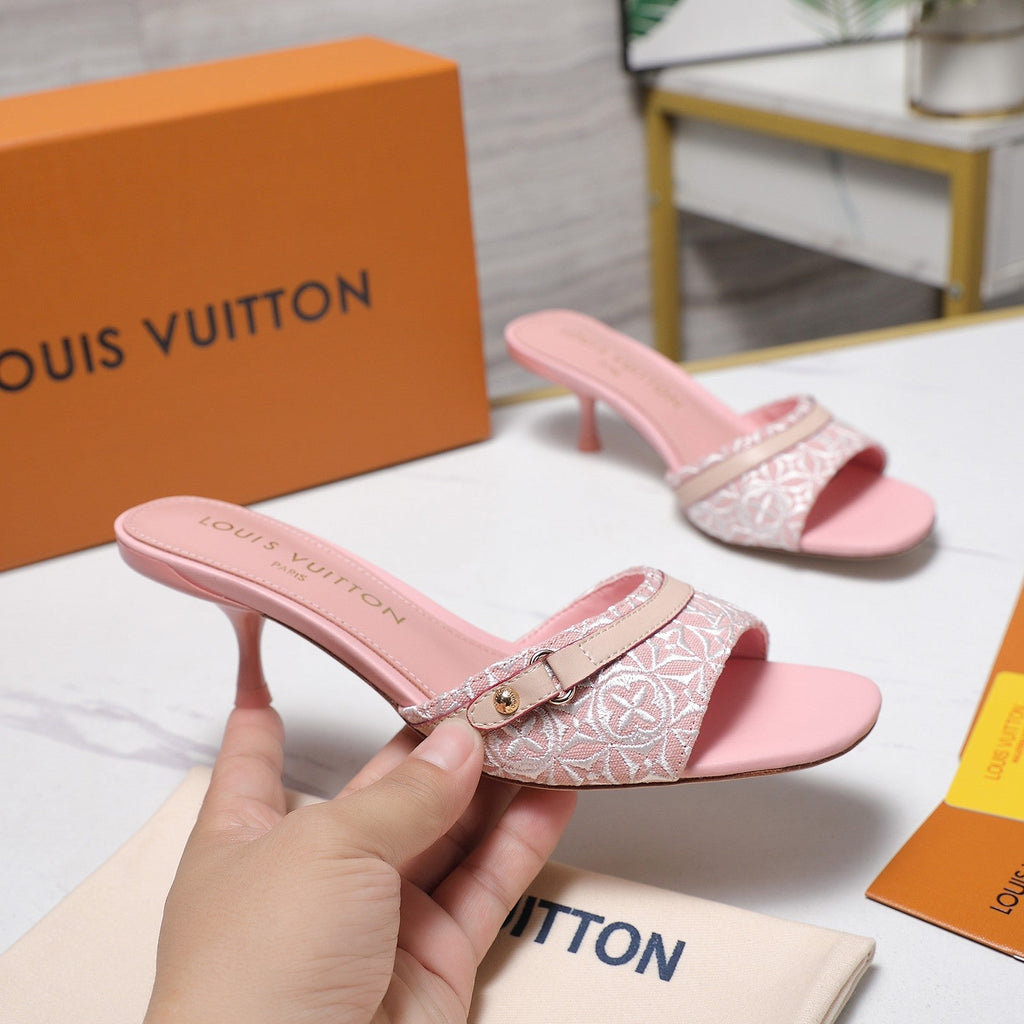 LV 26S HIGH HEELED MULES 55MM IN LIGHT PINK EMBROIDERED MONOGRAM CANVAS