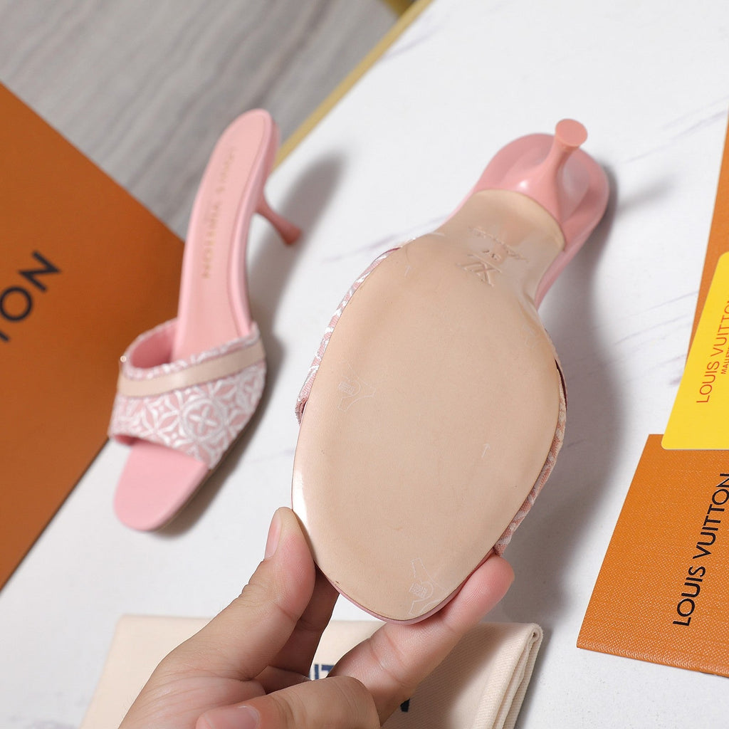 LV 26S HIGH HEELED MULES 55MM IN LIGHT PINK EMBROIDERED MONOGRAM CANVAS
