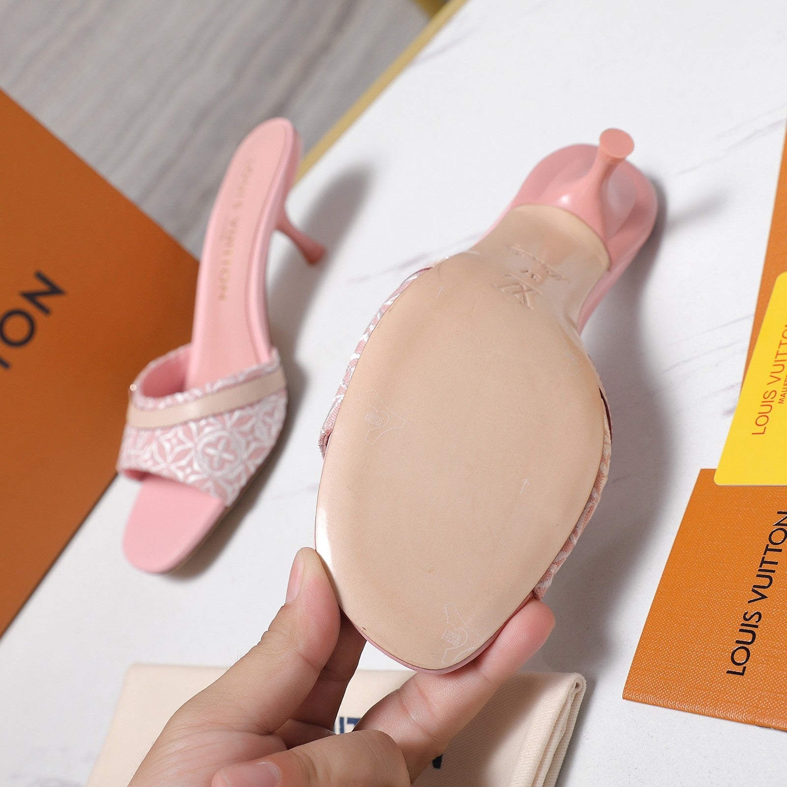 LV 26S HIGH HEELED MULES 55MM IN LIGHT PINK EMBROIDERED MONOGRAM CANVAS