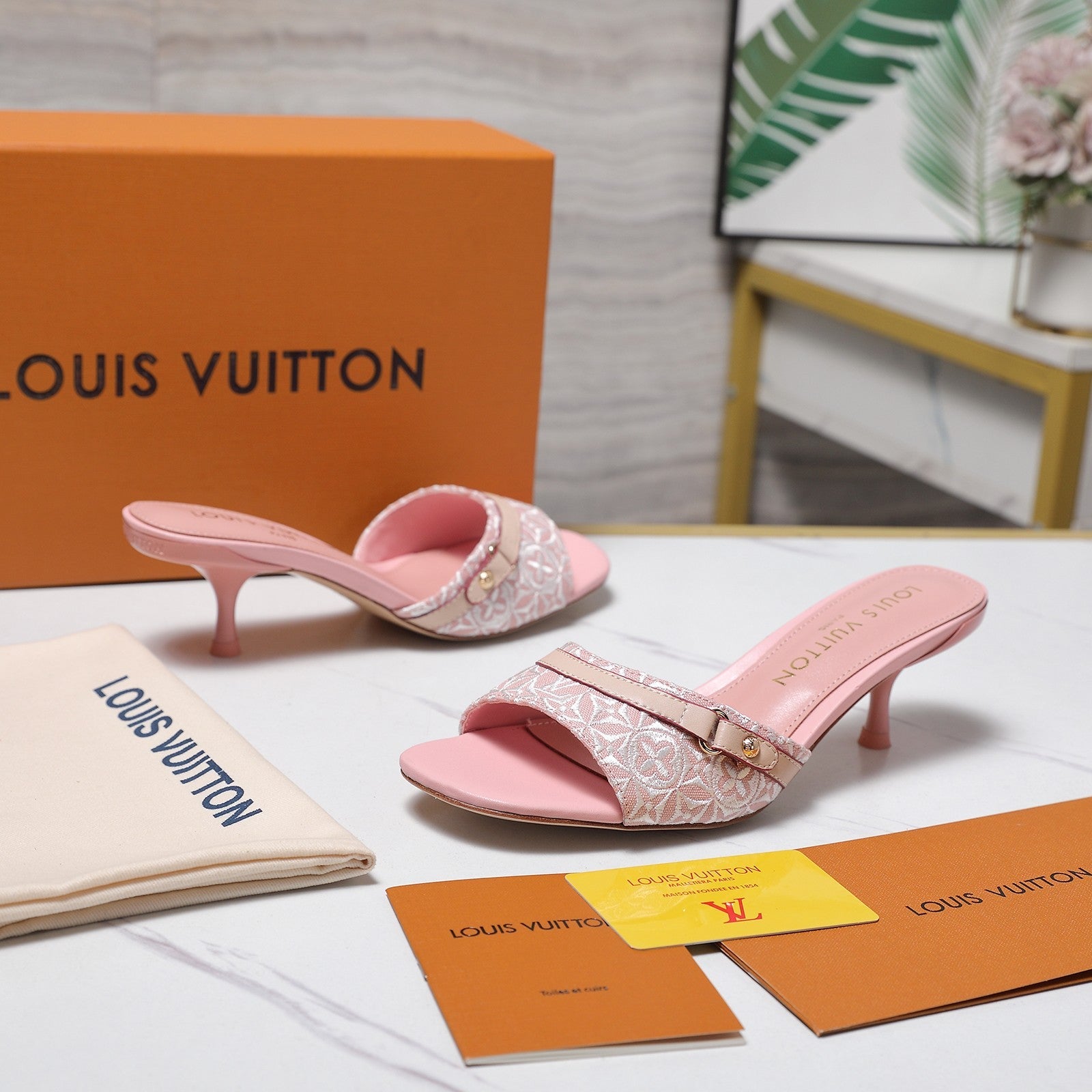 LV 26S HIGH HEELED MULES 55MM IN LIGHT PINK EMBROIDERED MONOGRAM CANVAS