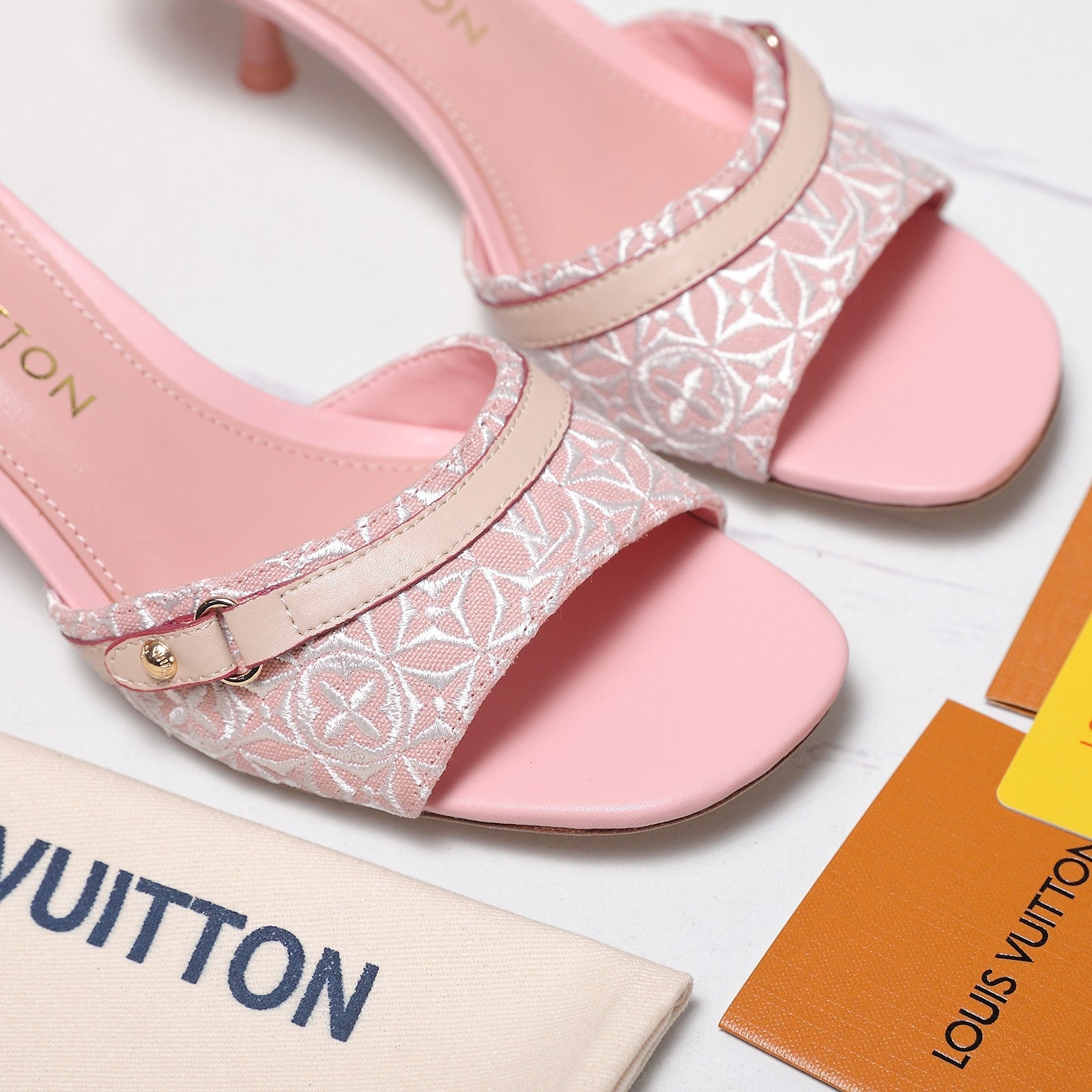 LV 26S HIGH HEELED MULES 55MM IN LIGHT PINK EMBROIDERED MONOGRAM CANVAS