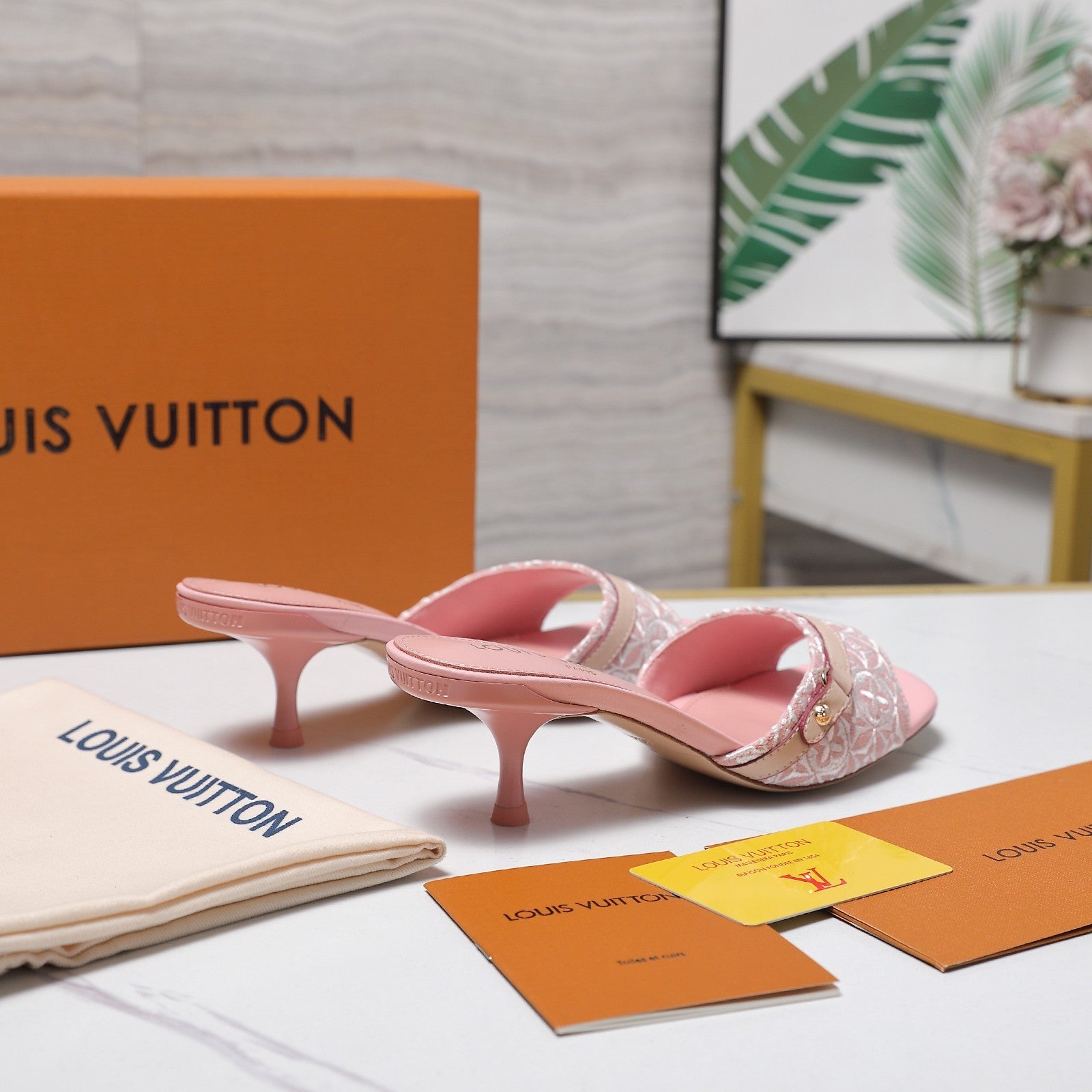 LV 26S HIGH HEELED MULES 55MM IN LIGHT PINK EMBROIDERED MONOGRAM CANVAS