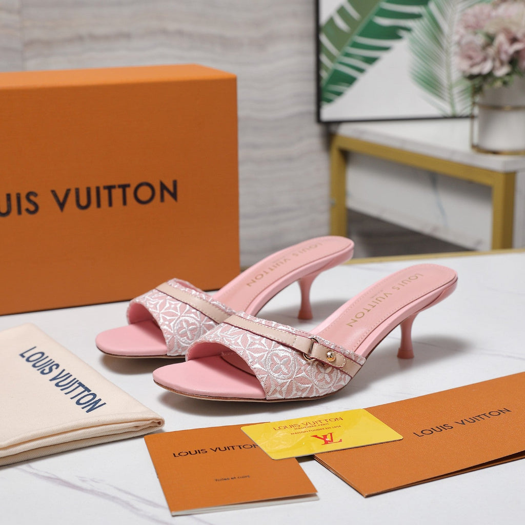 LV 26S HIGH HEELED MULES 55MM IN LIGHT PINK EMBROIDERED MONOGRAM CANVAS