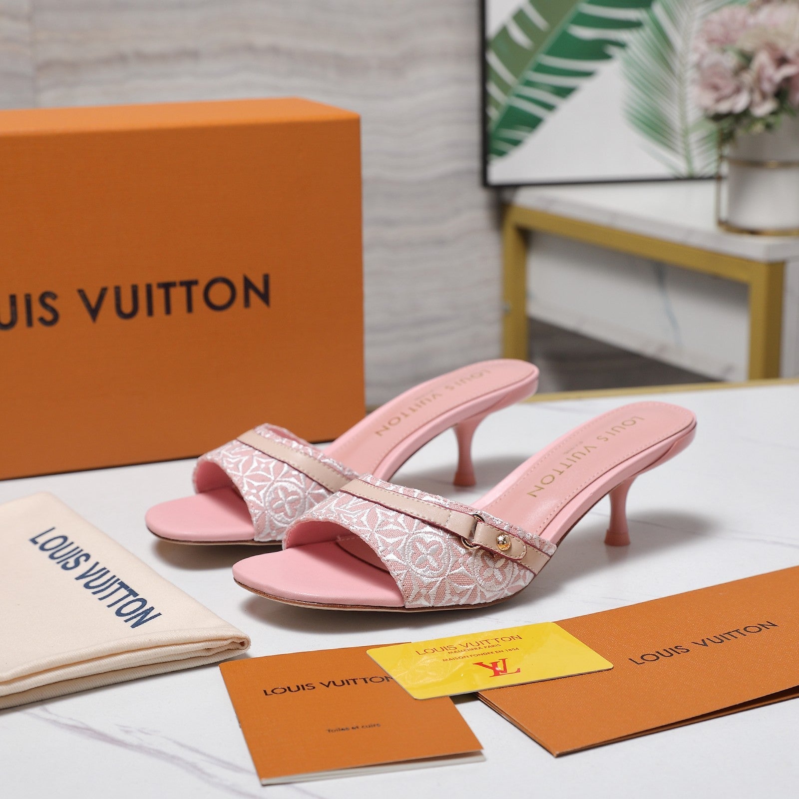 LV 26S HIGH HEELED MULES 55MM IN LIGHT PINK EMBROIDERED MONOGRAM CANVAS