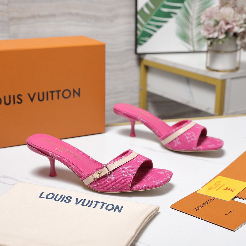 LV 26S HIGH HEELED MULES 55MM IN HOT PINK EMBROIDERED MONOGRAM CANVAS