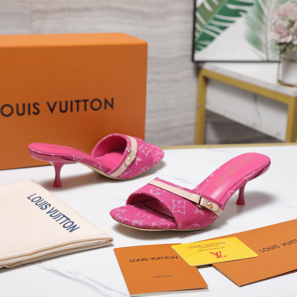 LV 26S HIGH HEELED MULES 55MM IN HOT PINK EMBROIDERED MONOGRAM CANVAS