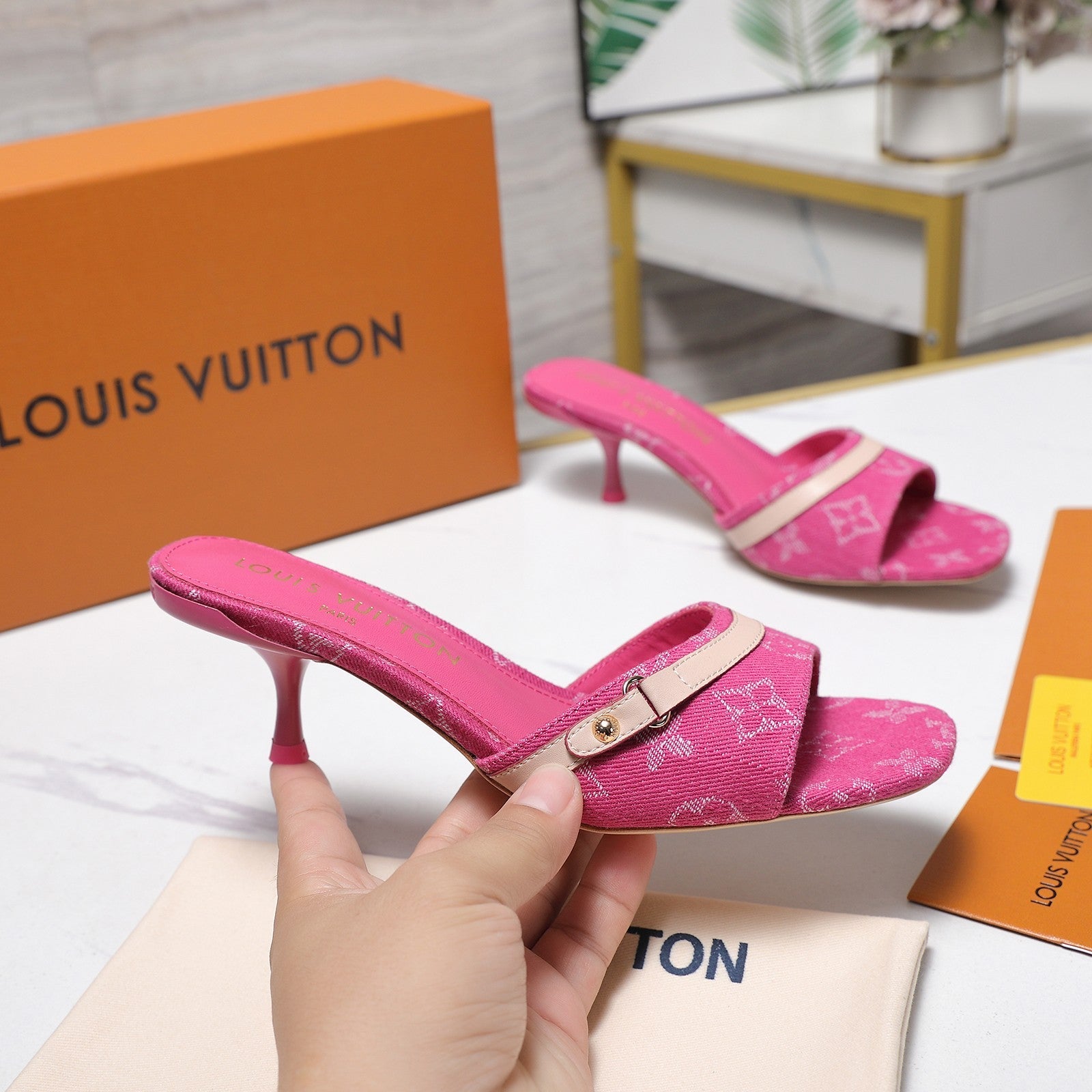 LV 26S HIGH HEELED MULES 55MM IN HOT PINK EMBROIDERED MONOGRAM CANVAS
