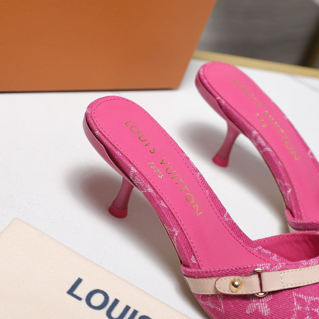 LV 26S HIGH HEELED MULES 55MM IN HOT PINK EMBROIDERED MONOGRAM CANVAS