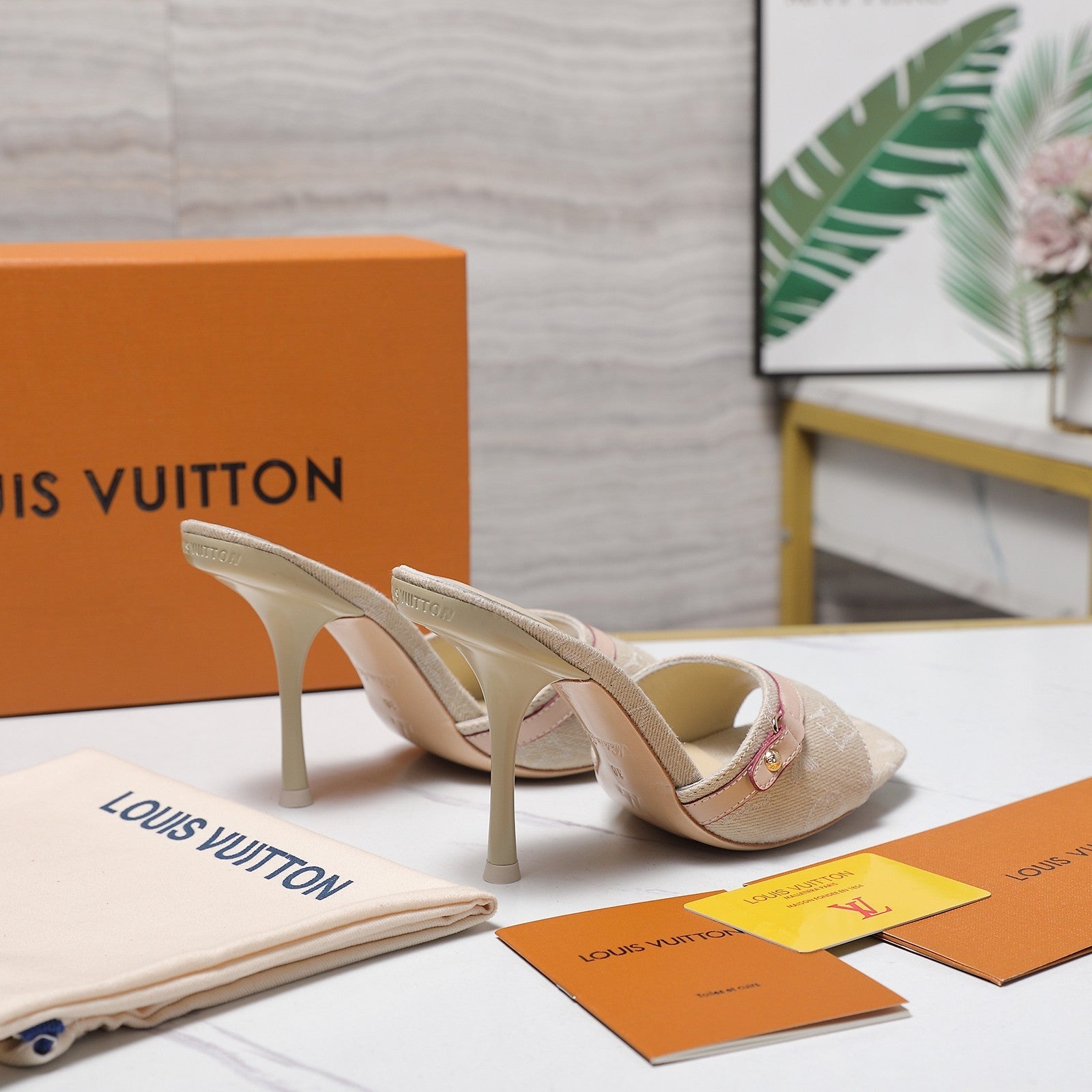 LV 26S HIGH HEELED MULES 95MM IN BEIGE EMBROIDERED MONOGRAM CANVAS