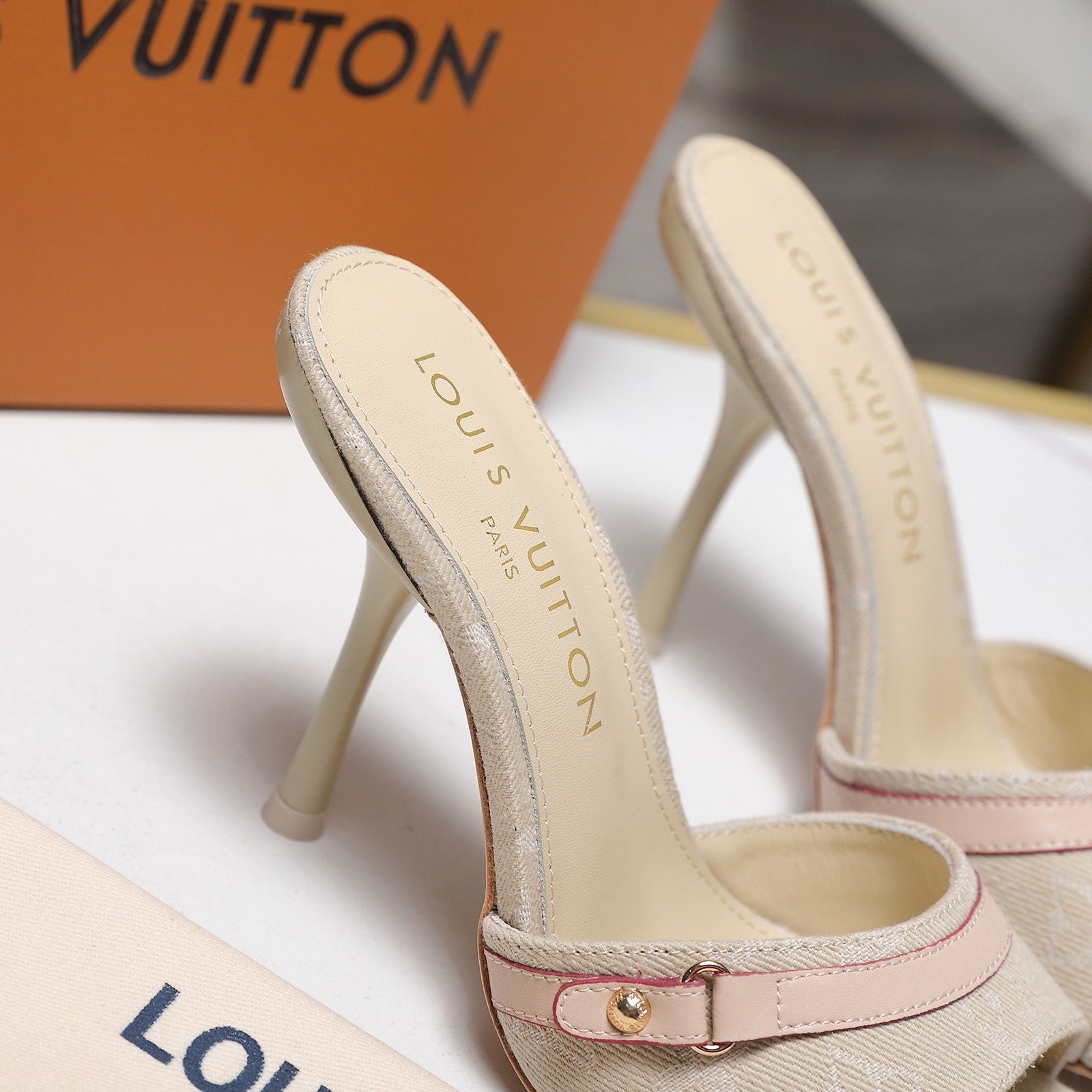 LV 26S HIGH HEELED MULES 95MM IN BEIGE EMBROIDERED MONOGRAM CANVAS