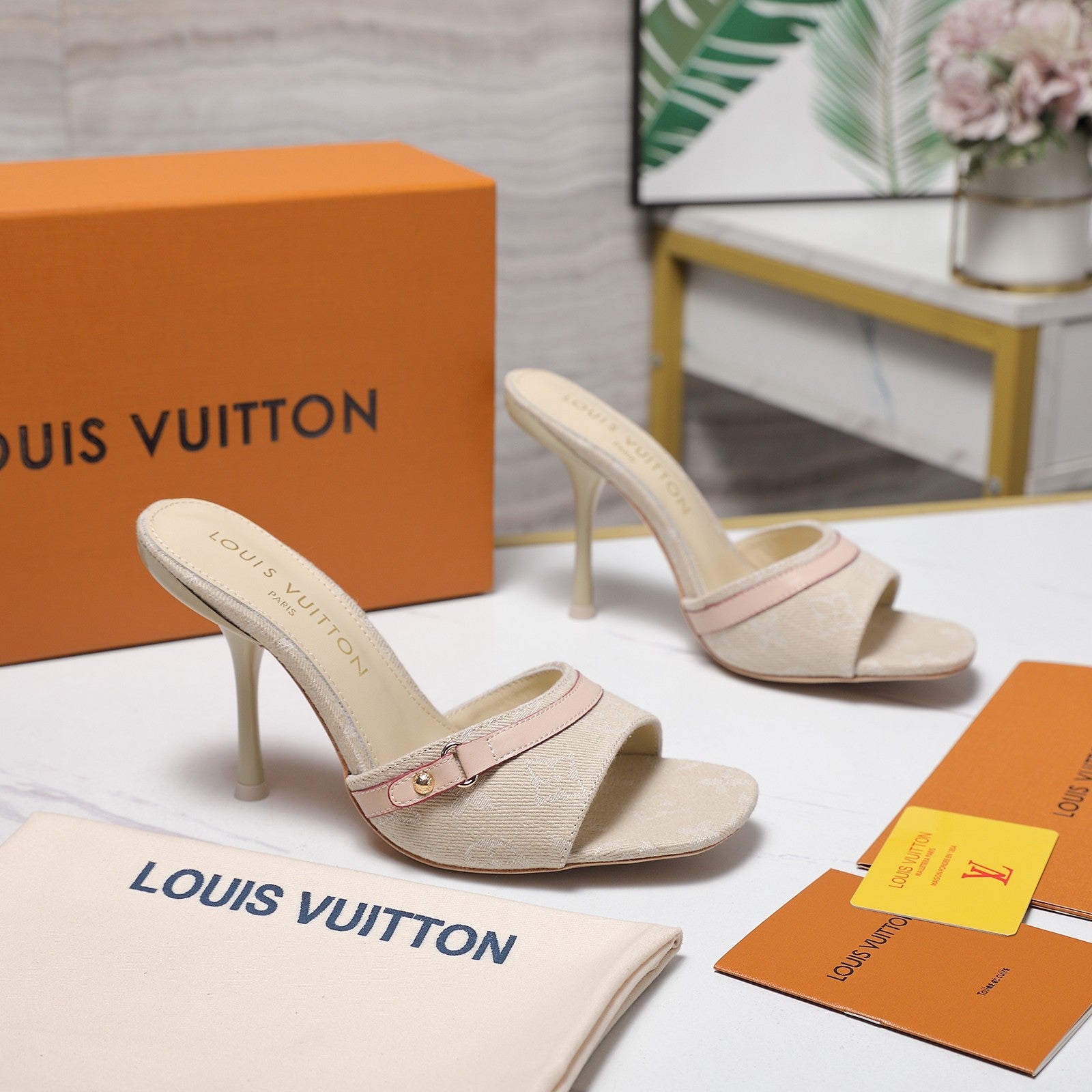 LV 26S HIGH HEELED MULES 95MM IN BEIGE EMBROIDERED MONOGRAM CANVAS