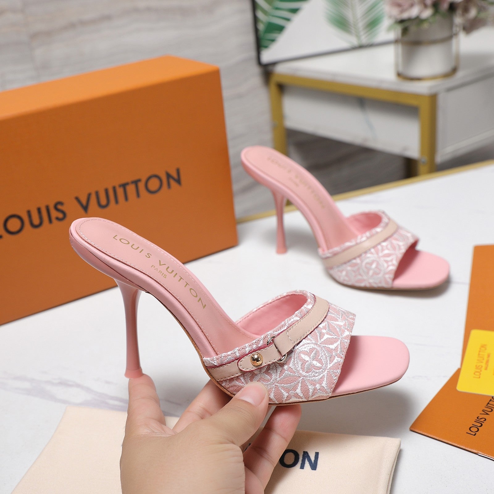 LV 26S HIGH HEELED MULES 95MM IN LIGHT PINK EMBROIDERED MONOGRAM CANVAS