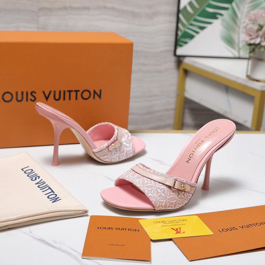LV 26S HIGH HEELED MULES 95MM IN LIGHT PINK EMBROIDERED MONOGRAM CANVAS
