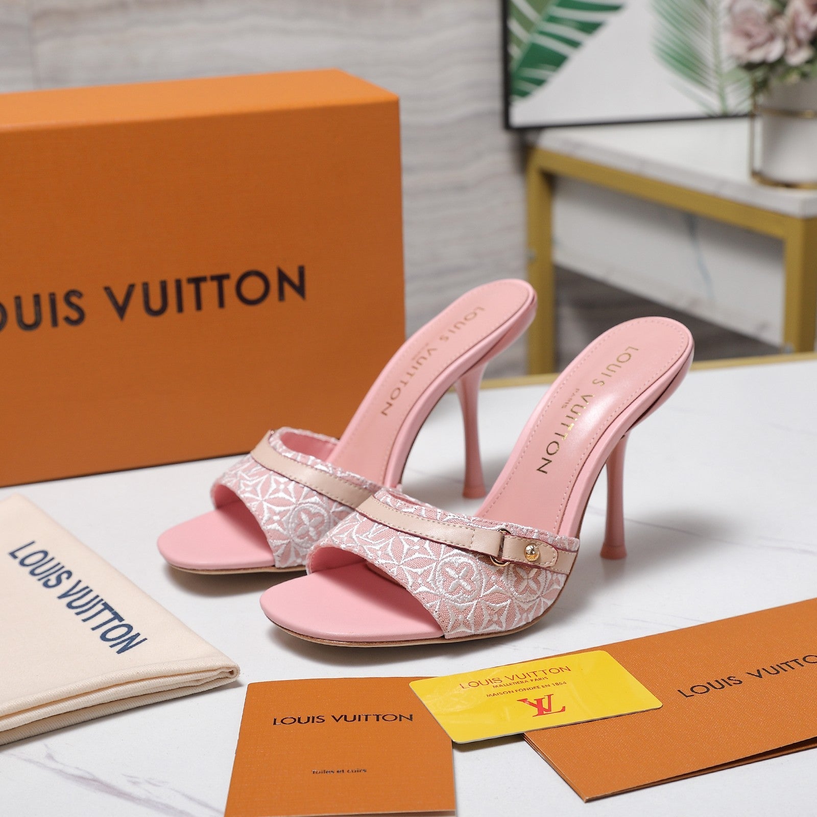 LV 26S HIGH HEELED MULES 95MM IN LIGHT PINK EMBROIDERED MONOGRAM CANVAS