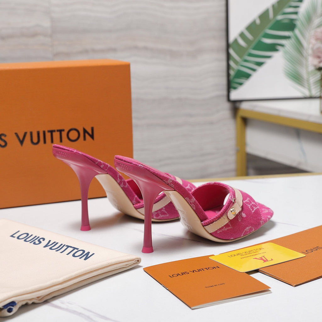 LV 26S HIGH HEELED MULES 95MM IN HOT PINK EMBROIDERED MONOGRAM CANVAS