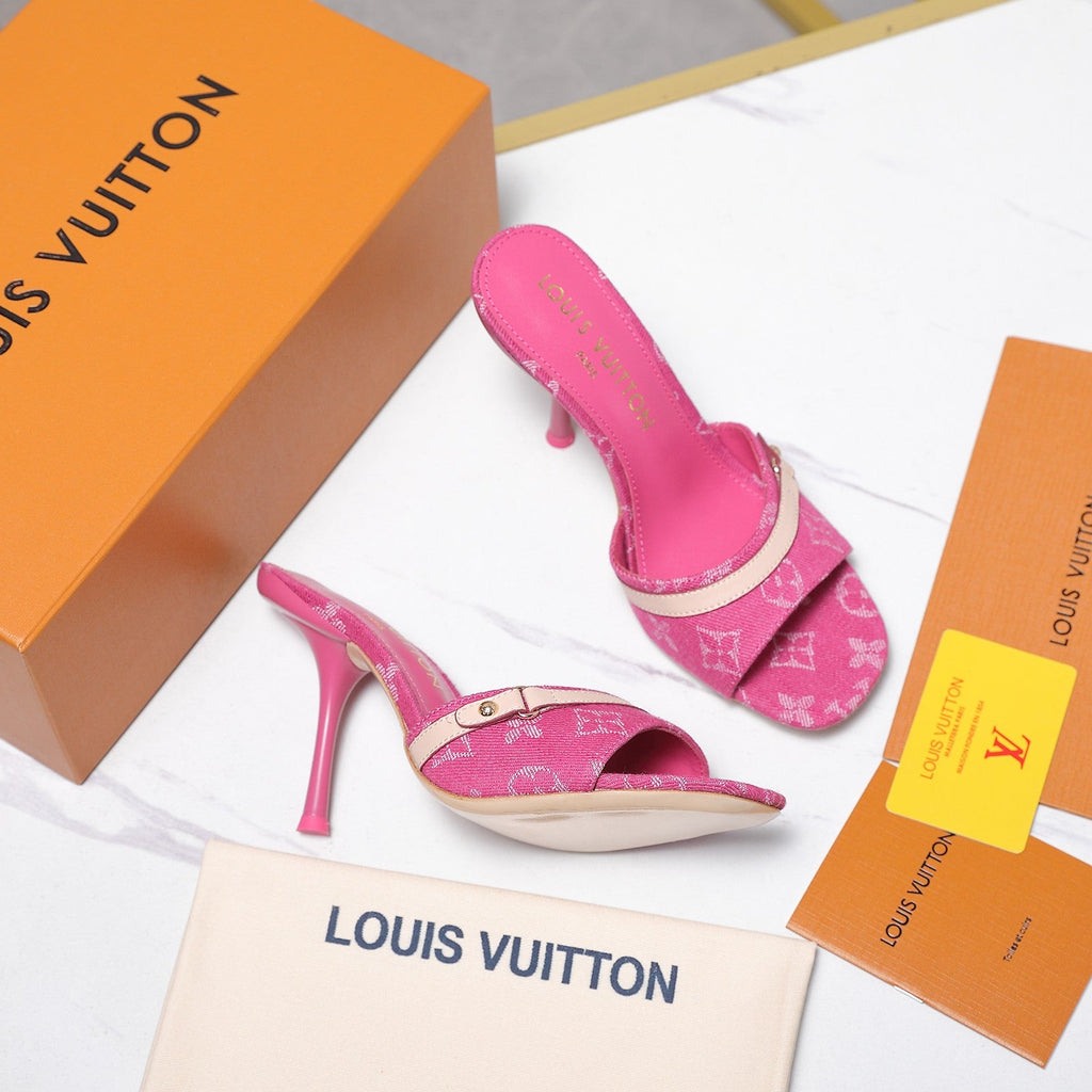 LV 26S HIGH HEELED MULES 95MM IN HOT PINK EMBROIDERED MONOGRAM CANVAS