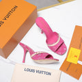 LV 26S HIGH HEELED MULES 95MM IN HOT PINK EMBROIDERED MONOGRAM CANVAS