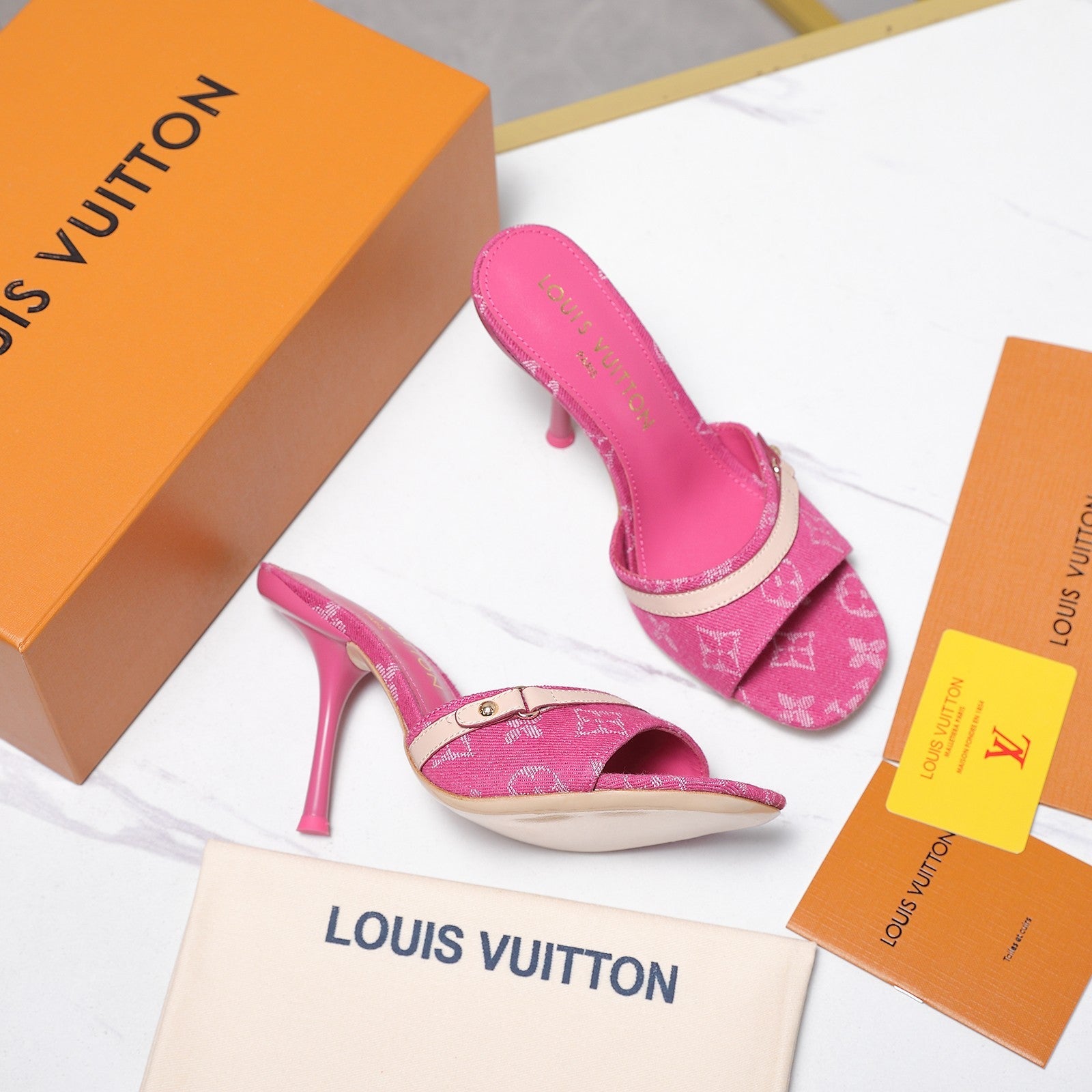 LV 26S HIGH HEELED MULES 95MM IN HOT PINK EMBROIDERED MONOGRAM CANVAS
