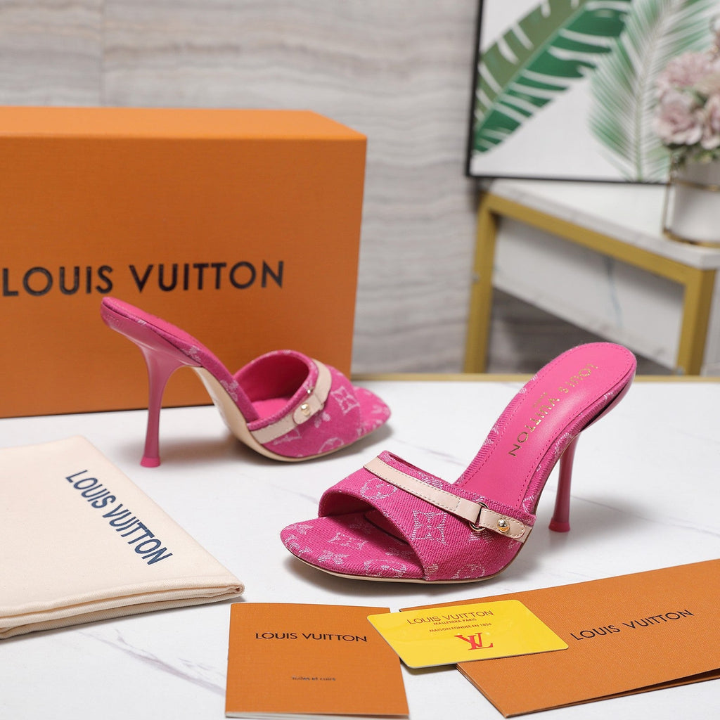 LV 26S HIGH HEELED MULES 95MM IN HOT PINK EMBROIDERED MONOGRAM CANVAS