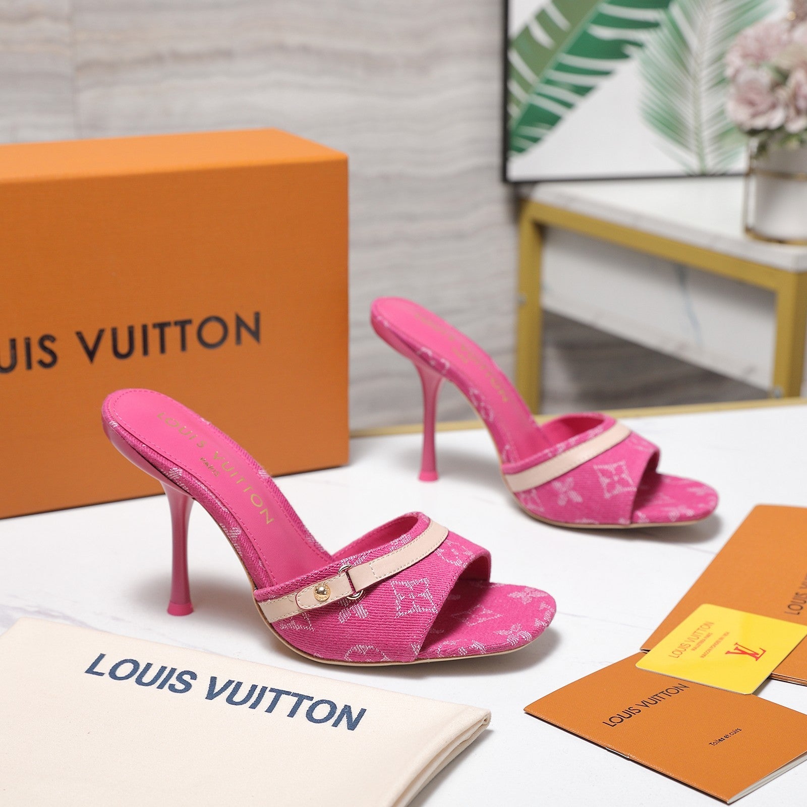 LV 26S HIGH HEELED MULES 95MM IN HOT PINK EMBROIDERED MONOGRAM CANVAS