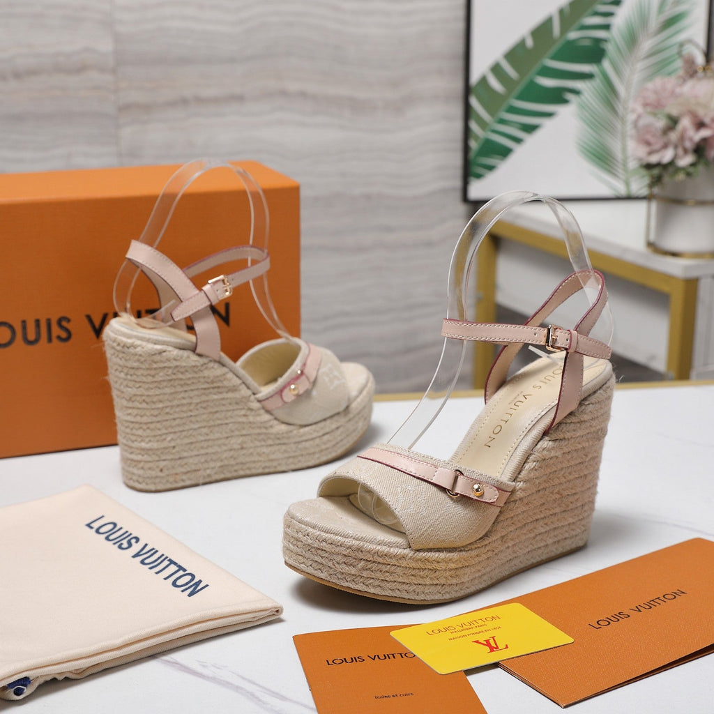 LV 26S HELIOS WEDGE SANDAL 120MM IN BEIGE DENIM