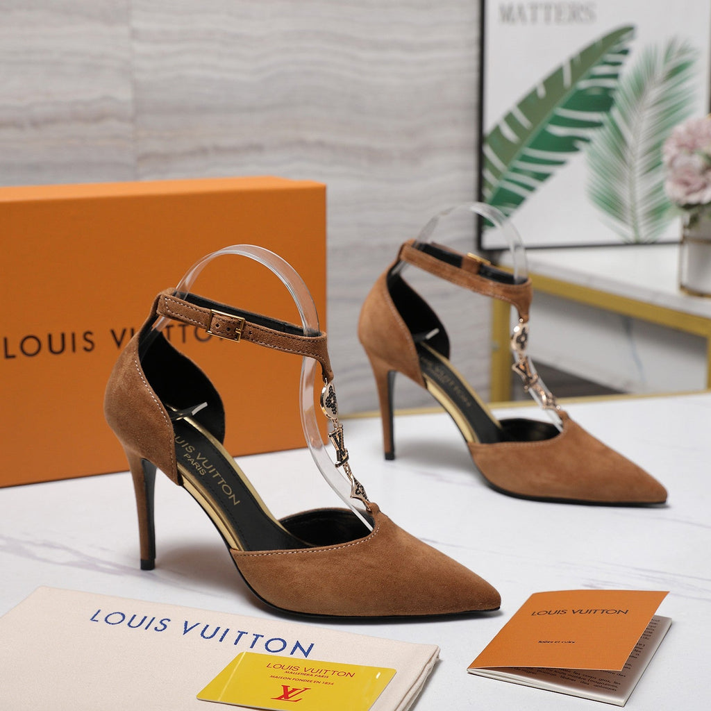 LV 26S POINTED TOE T-STRAP PUMPS 95MM IN BROWN SUEDE GOLD HARDWARE