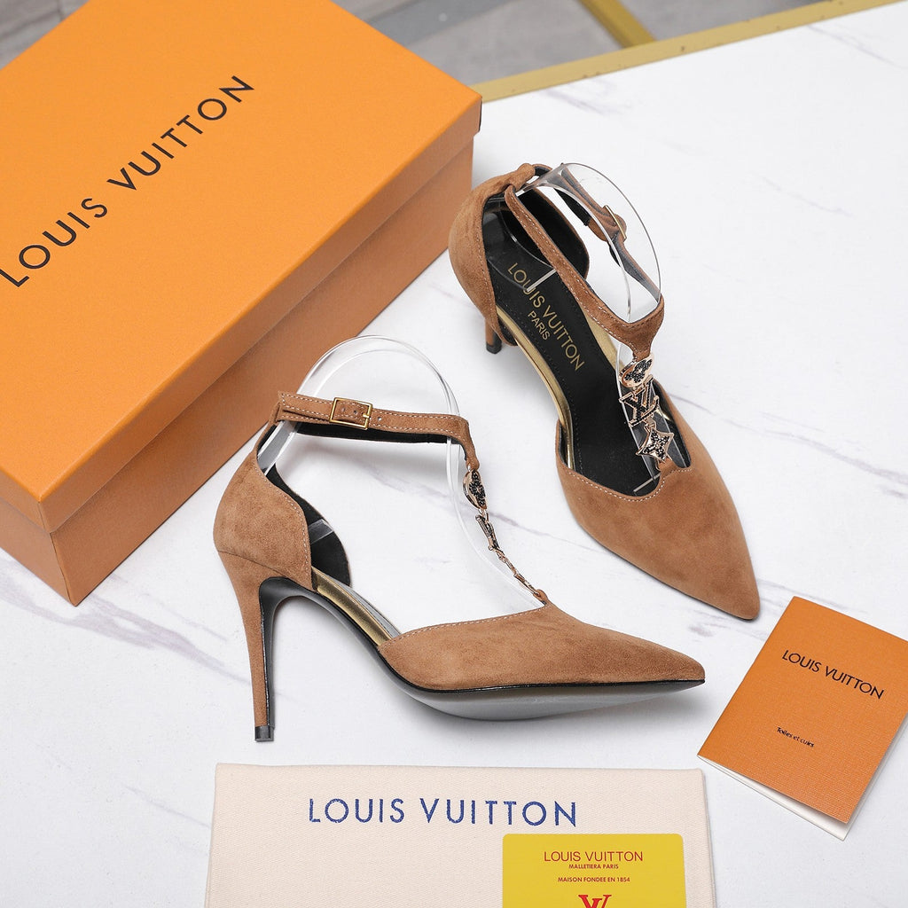 LV 26S POINTED TOE T-STRAP PUMPS 95MM IN BROWN SUEDE GOLD HARDWARE