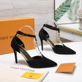 LV 26S POINTED TOE T-STRAP PUMPS 95MM IN BLACK SUEDE GOLD HARDWARE
