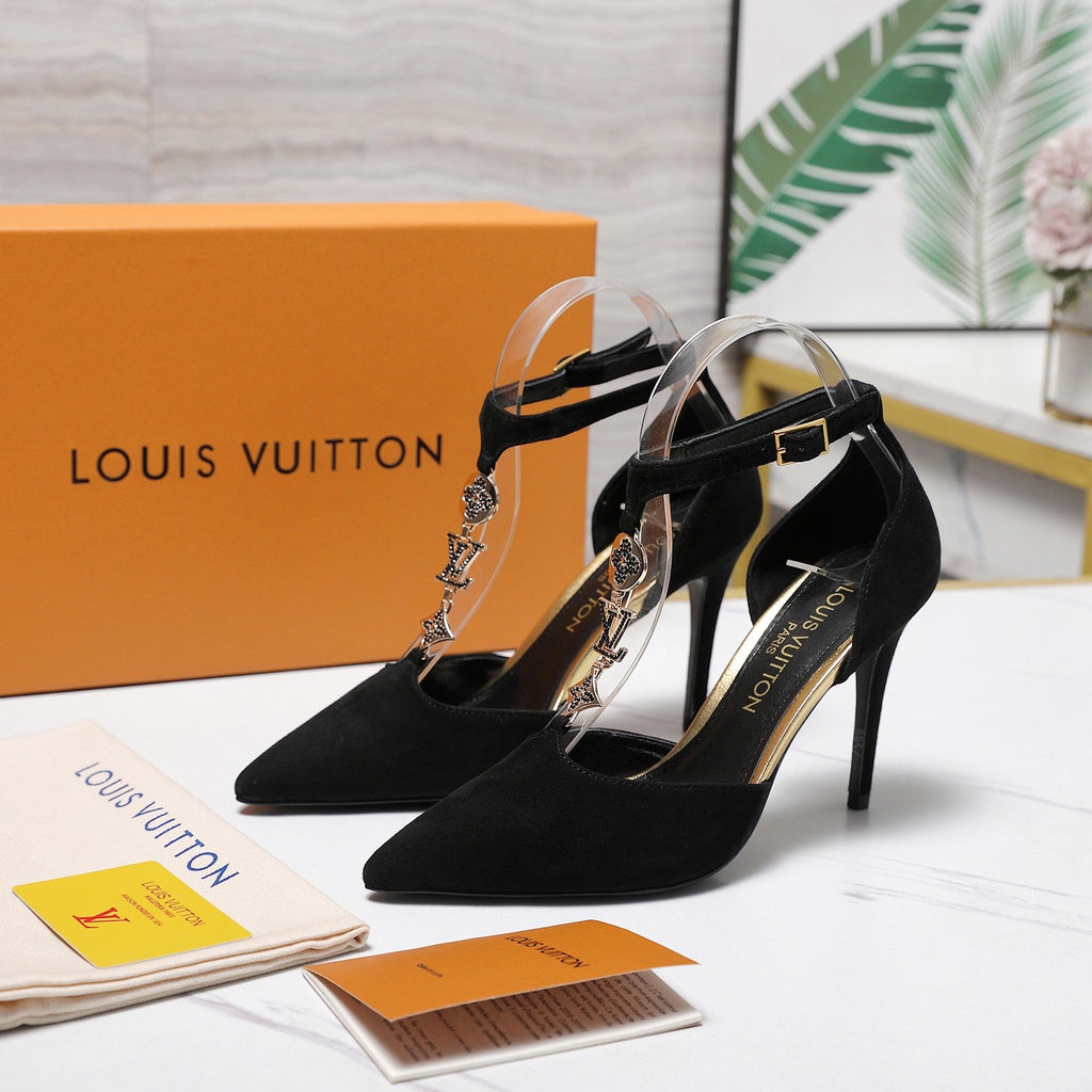 LV 26S POINTED TOE T-STRAP PUMPS 95MM IN BLACK SUEDE GOLD HARDWARE