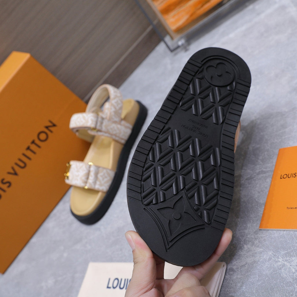 LV 26S SANDALS IN BEIGE MONOGRAM COATED FABRIC GOLD HARDWARE
