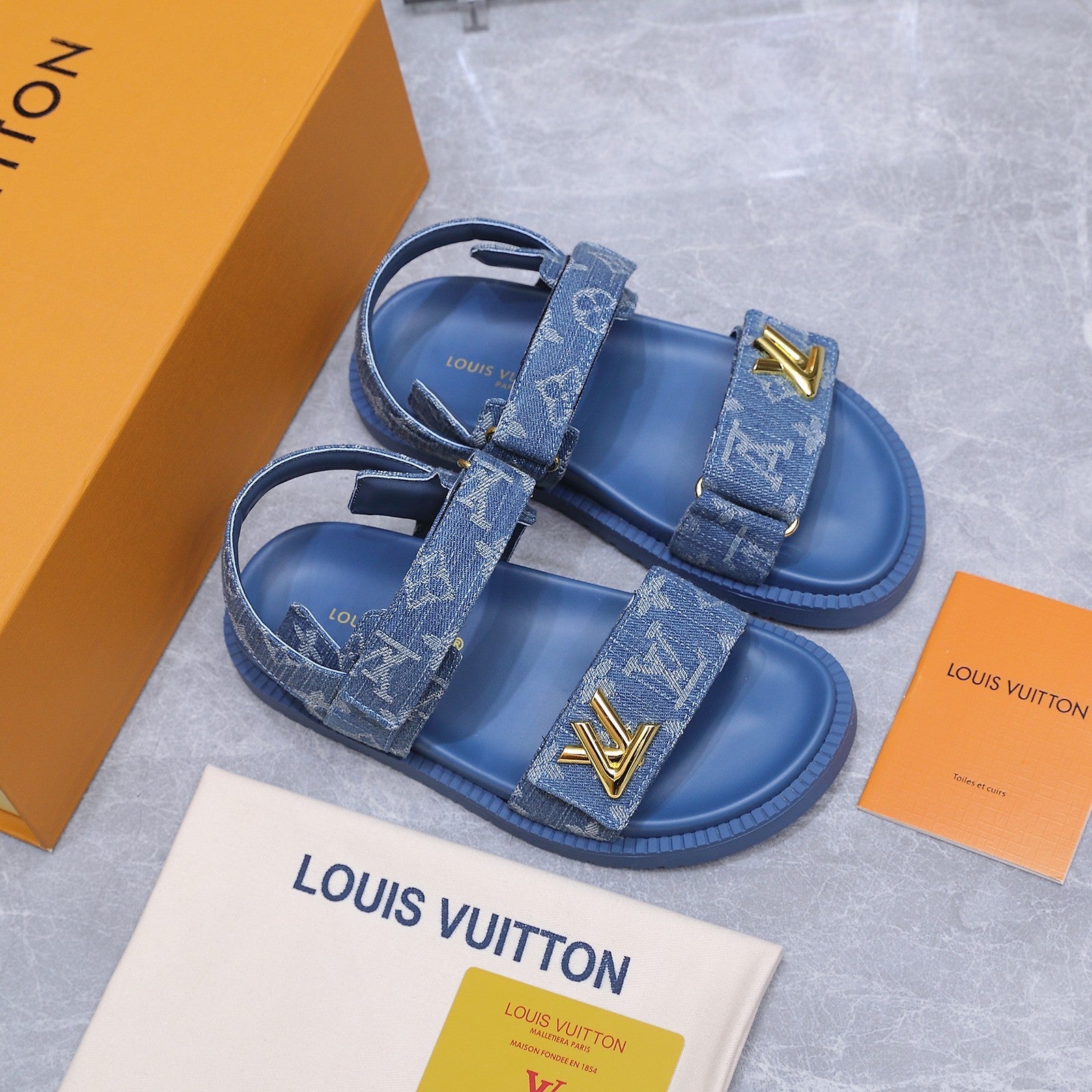 LV 26S SANDALS IN BLUE MONOGRAM COATED DENIM GOLD HARDWARE