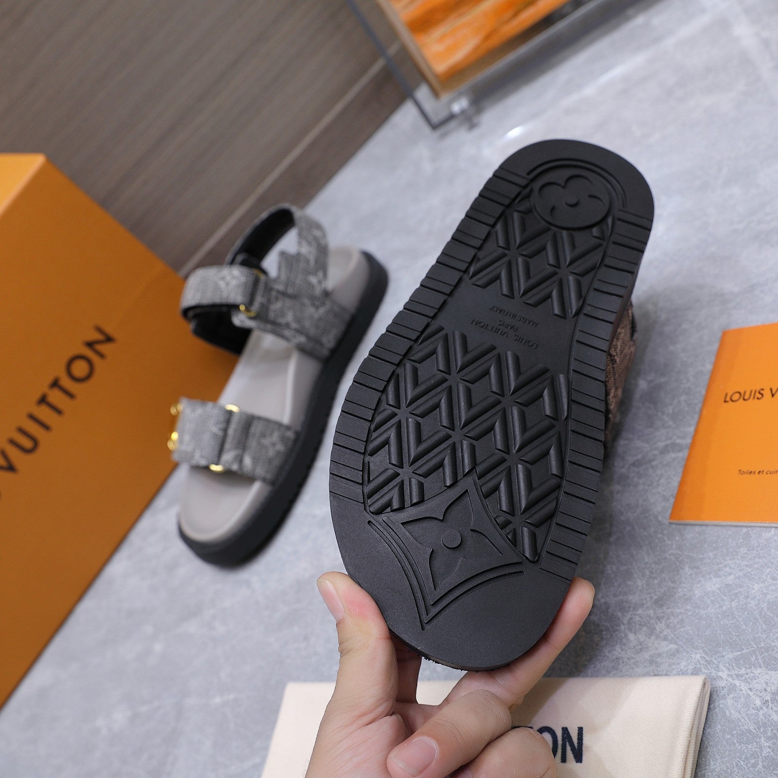 LV 26S SANDALS IN GREY MONOGRAM COATED DENIM GOLD HARDWARE