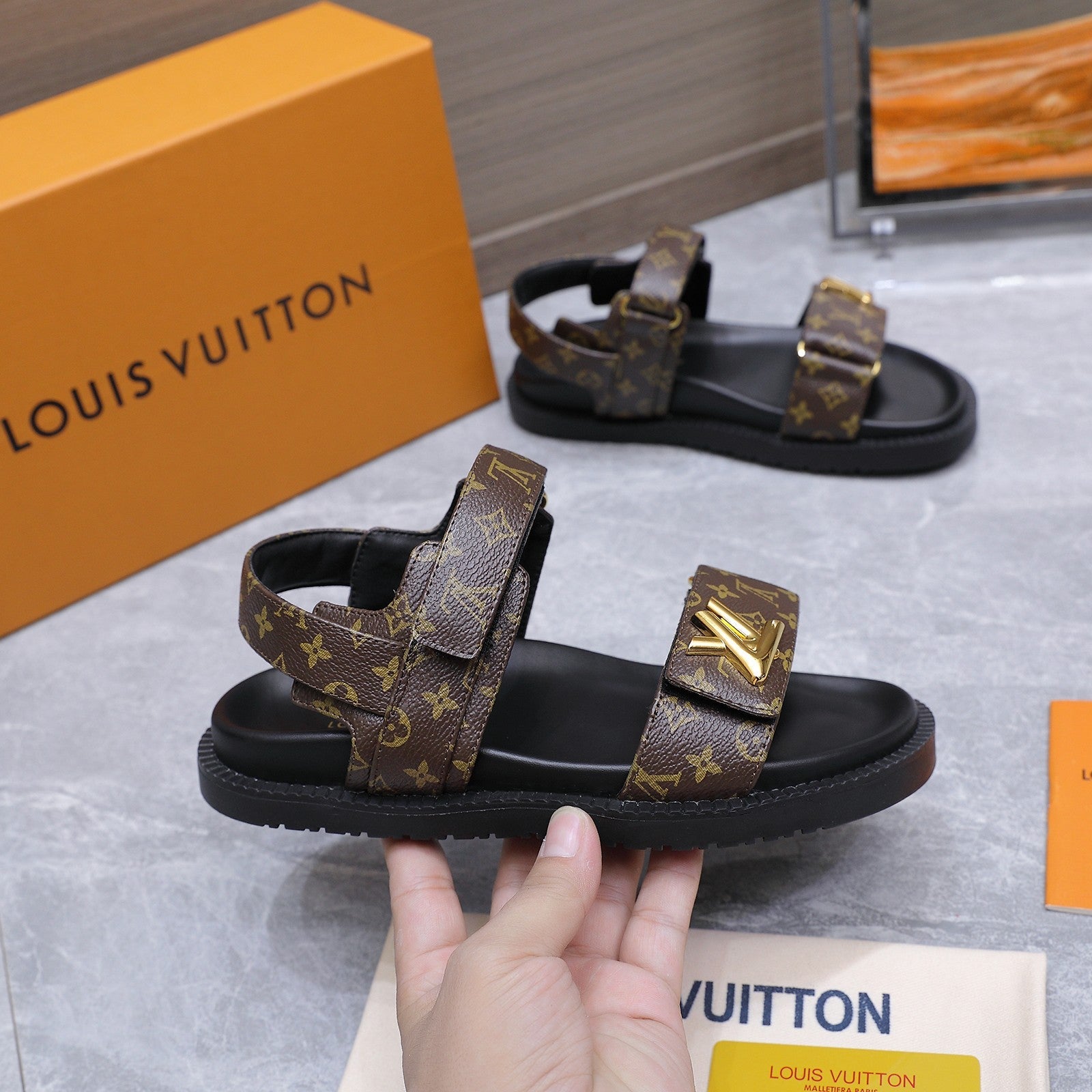 LV 26S SANDALS IN DARK BROWN MONOGRAM COATED CALFSKIN GOLD HARDWARE