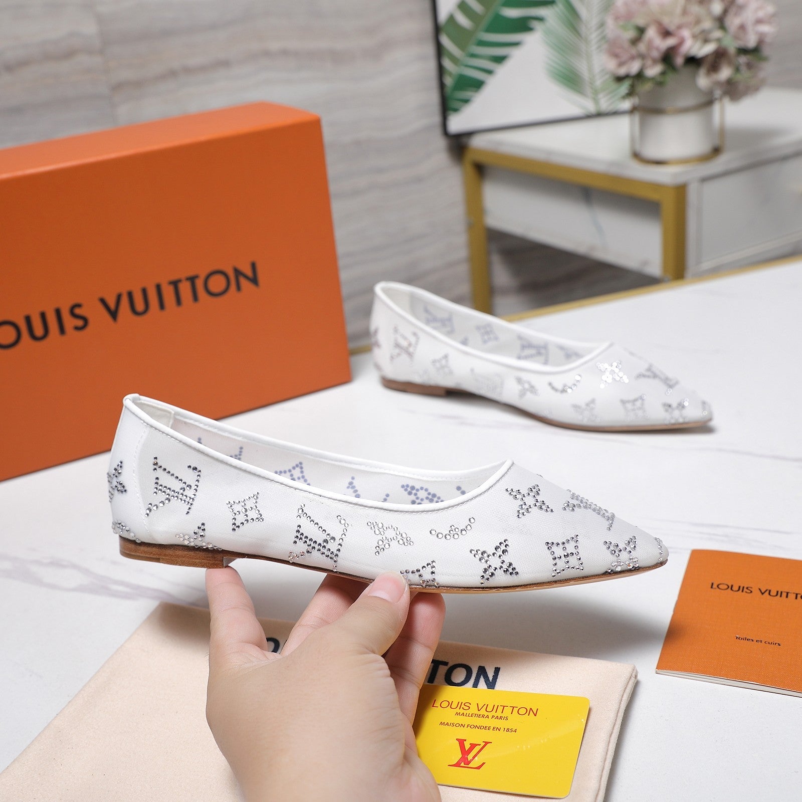LV 26S GALA FLAT BALLERINA IN WHITE MESH WITH WITH RHINESTONES