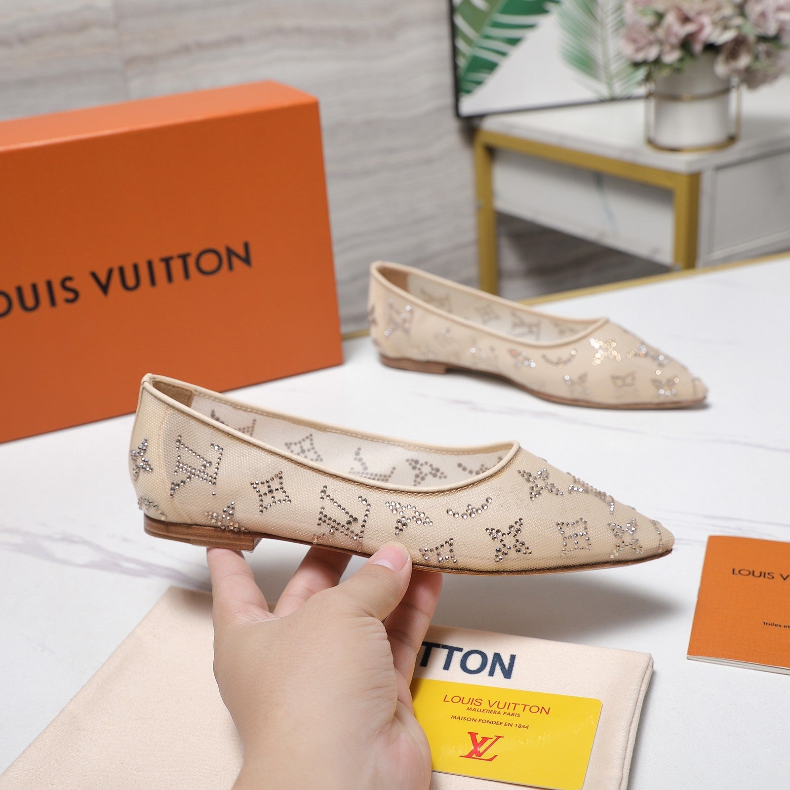 LV 26S GALA FLAT BALLERINA IN NUDE BEIGE MESH WITH WITH RHINESTONES