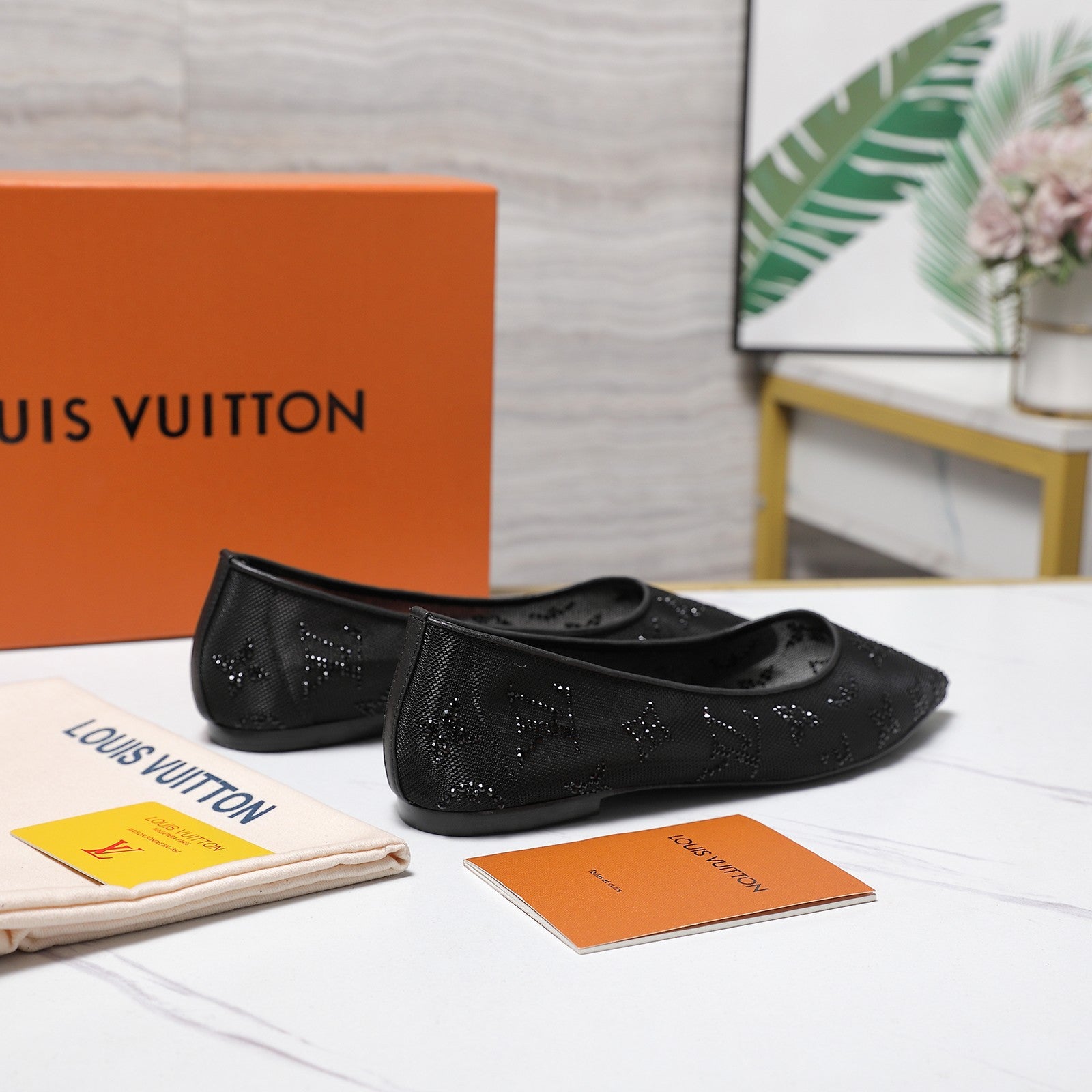 LV 26S GALA FLAT BALLERINA IN BLACK MESH WITH WITH RHINESTONES